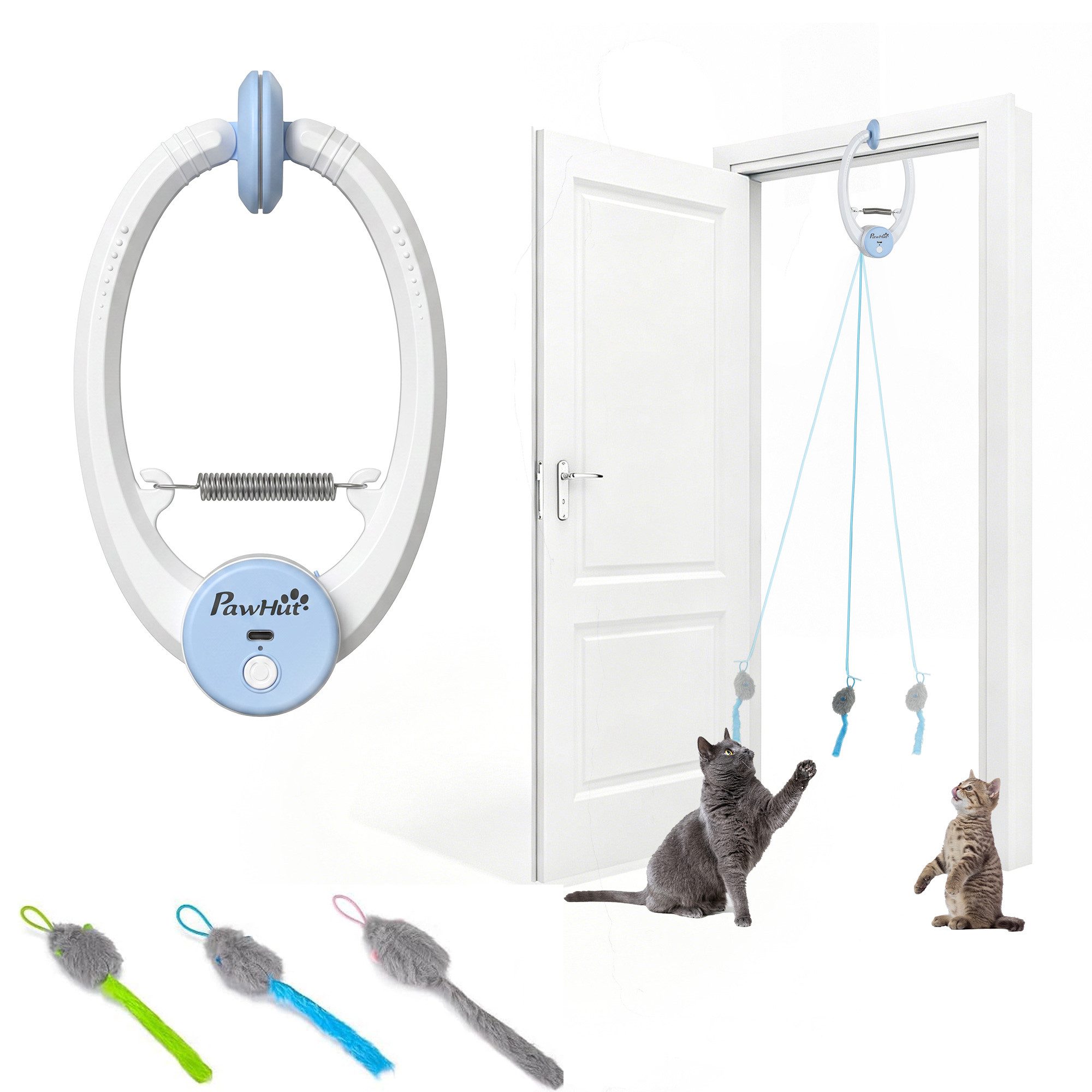 PawHut Tier-Intelligenzspielzeug USB-Aufladbare Türhängende Hüpfende Maus, ABS, Interaktives Katzenspielzeug (1-tlg) für Katzen, 24,1 x 13,8 x 6,6 cm Weiß
