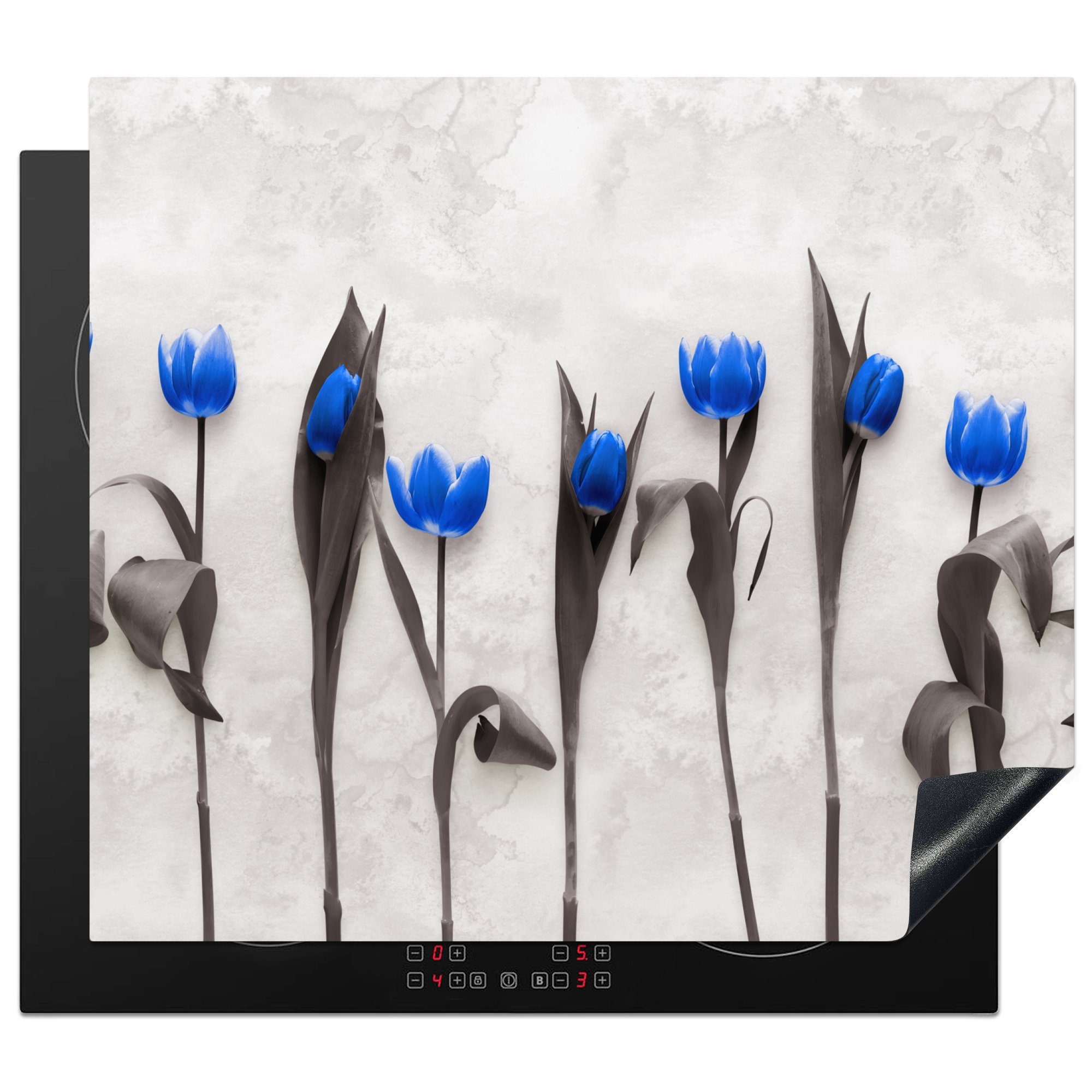 MuchoWow Herdblende-/Abdeckplatte Blumen - Tulpen - Blau, Vinyl, (1 tlg), 59x52 cm, Ceranfeldabdeckung für die küche, Induktionsmatte