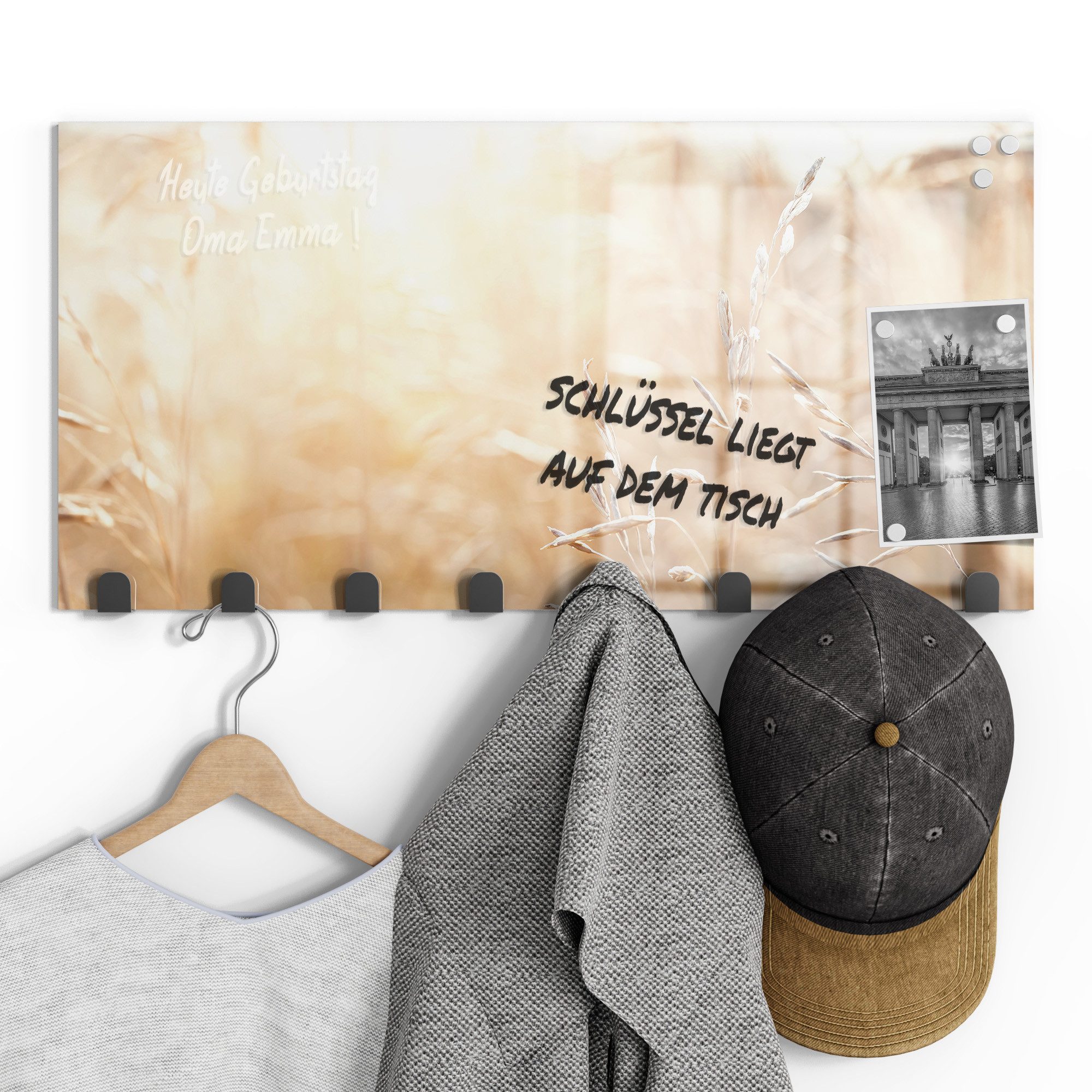 DEQORI Kleiderhaken 'Felder im Sonnenglanz', Glas Garderobe Paneel magnetisch beschreibbar