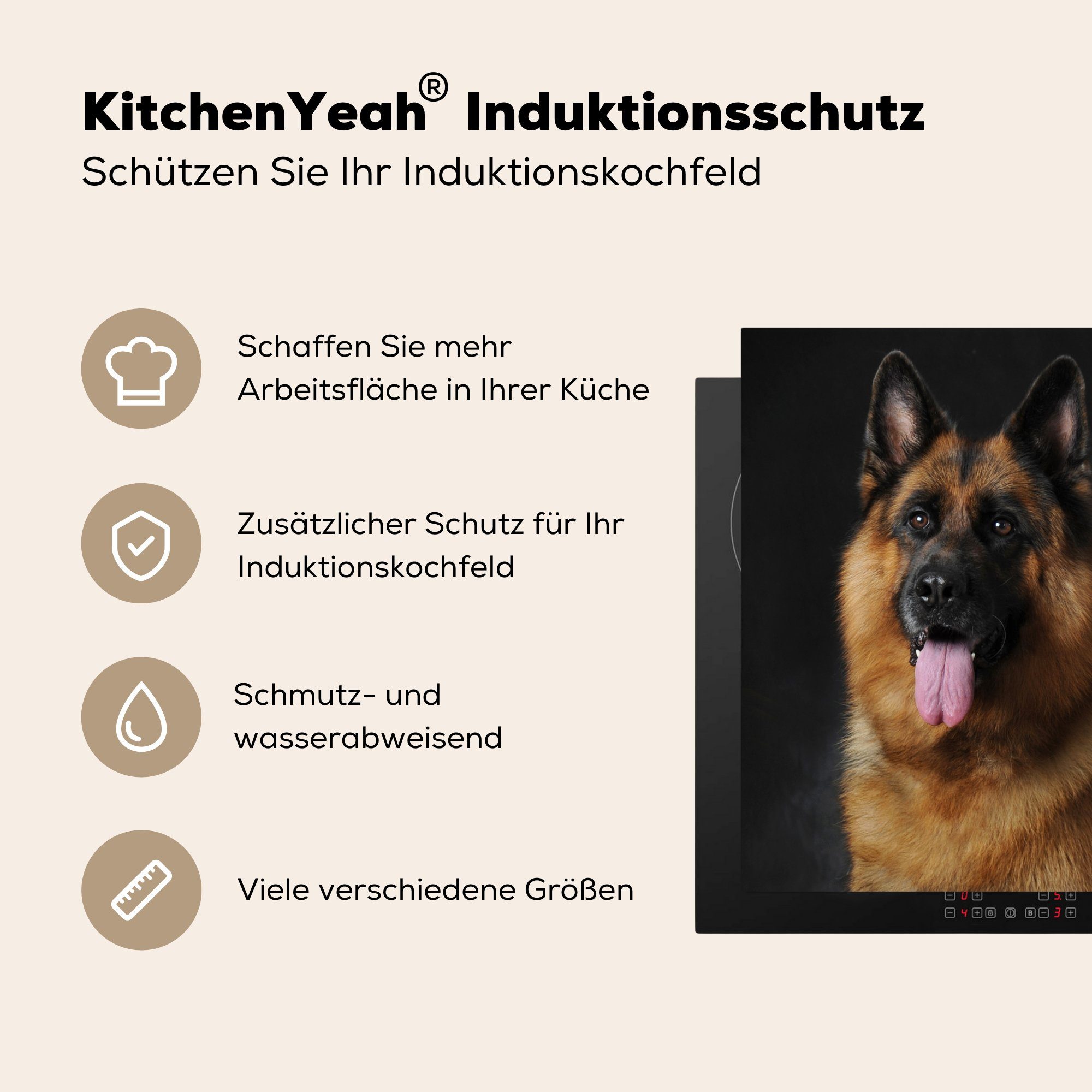 MuchoWow mit Herdblende-/Abdeckplatte küche Deutschen 78x78 Arbeitsplatte (1 schwarzem Vinyl, Schäferhundes Porträt Ceranfeldabdeckung, Hintergrund, eines cm, tlg), für