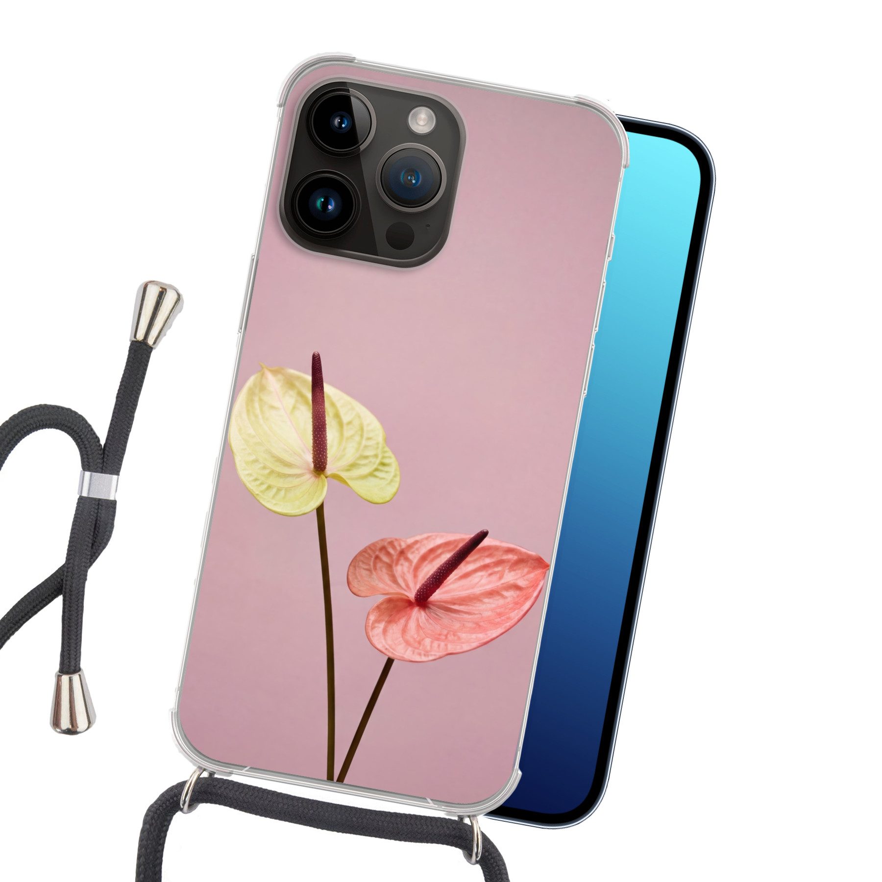 MuchoWow Handyhülle für Apple iPhone 14 Pro Blumen - Anthurien - Gelb - Rosa, Tragbare Handyhüllen mit Kette zum umhängen, Handykette Handyband