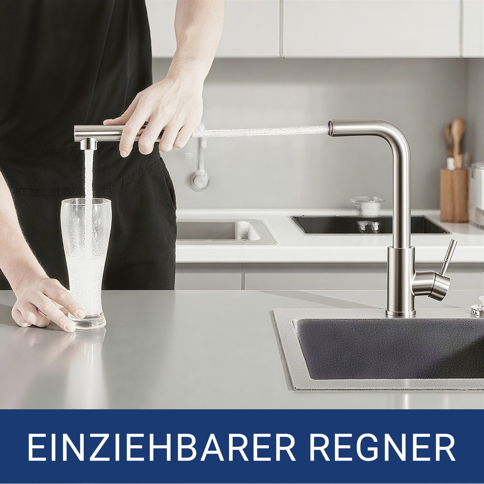 AICA Küchenarmatur Wasserhahn Küche mit Einhand, ausziehbarer Brause für 2 Strahlarten Spültischarmatur mit Einhand & 360° Schwenkfunktion als Hochdruckhahn – Bild 4 von 5