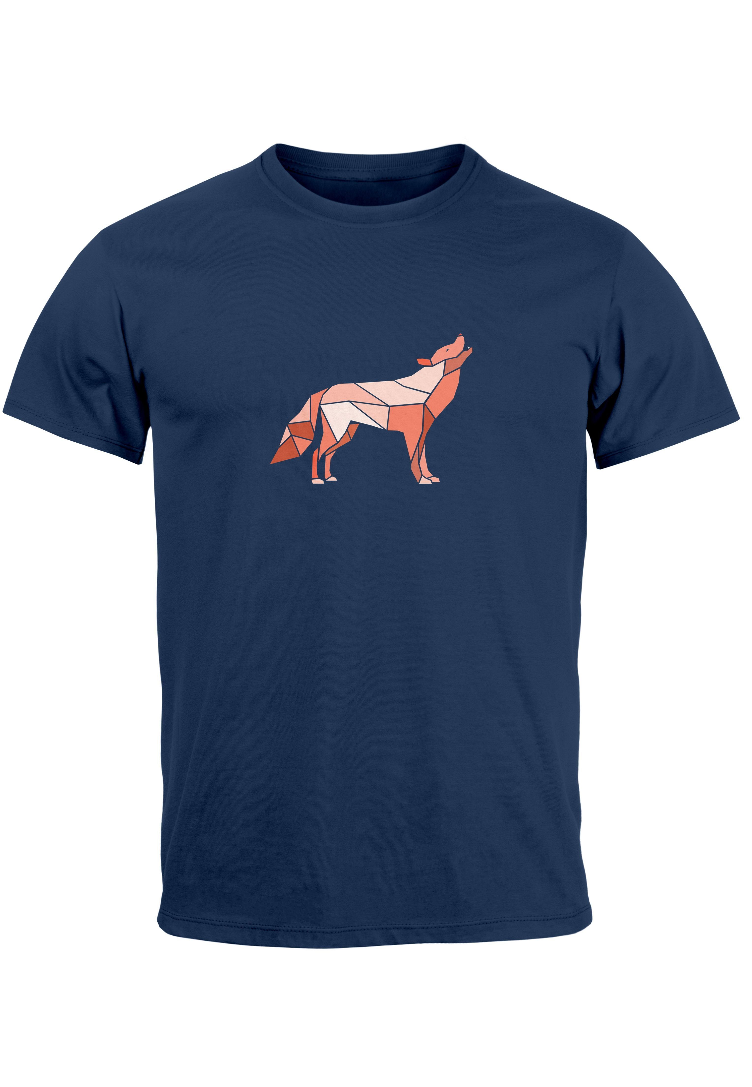 Neverless Print-Shirt Herren T-Shirt Bedruckt Polygon Grafik Wolf Outdoor Fashion Tiermotiv mit Print navy