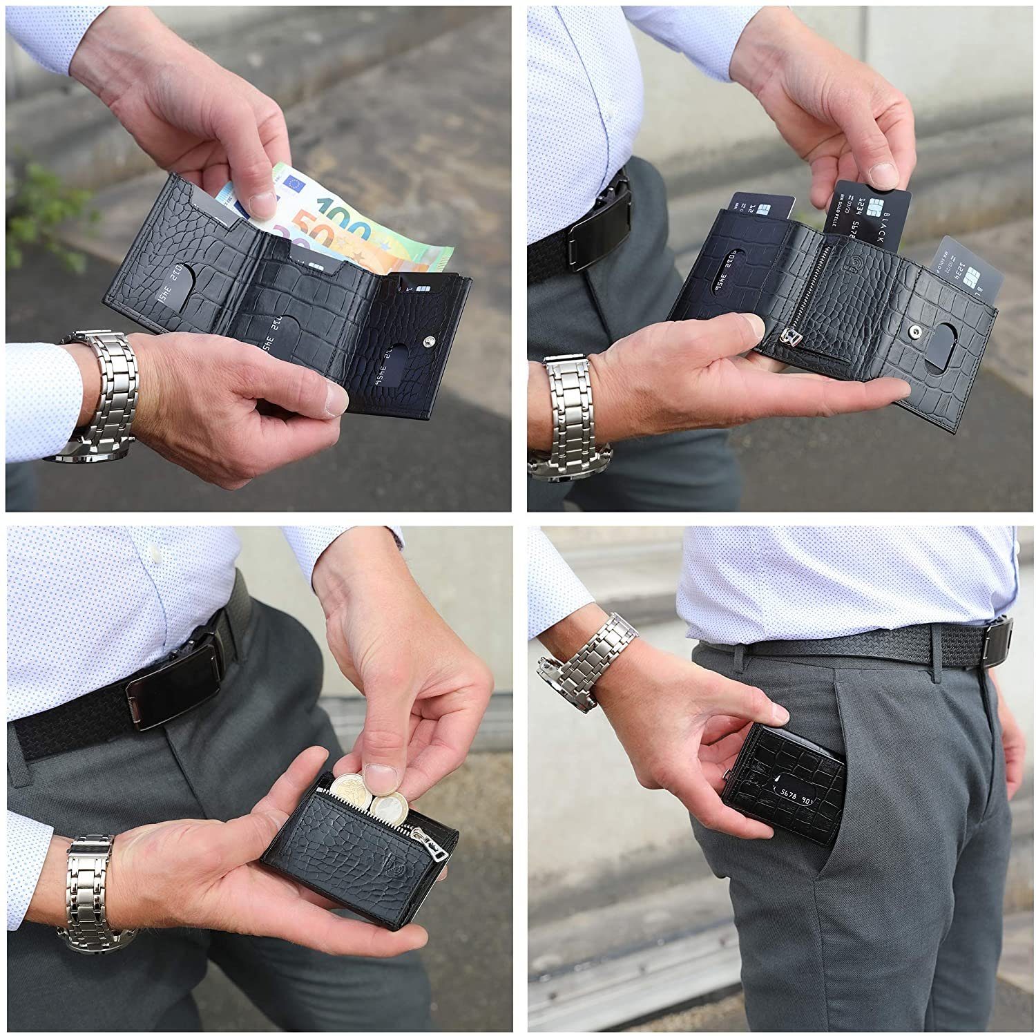 echt Macde Schutz, [RFID-Schutz], Münzfach Krokoprägung [12 Riga RFID mit in Wallet Solo Slim Karten] Brieftasche Europe Leder, Slimwallet Pelle