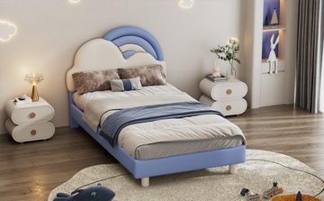 MODFU Kinderbett mit kuscheligem Regenbogenwolken-Kopfteil (Kinderbett, Holzlattenrost 90x200cm), ohne Matratze
