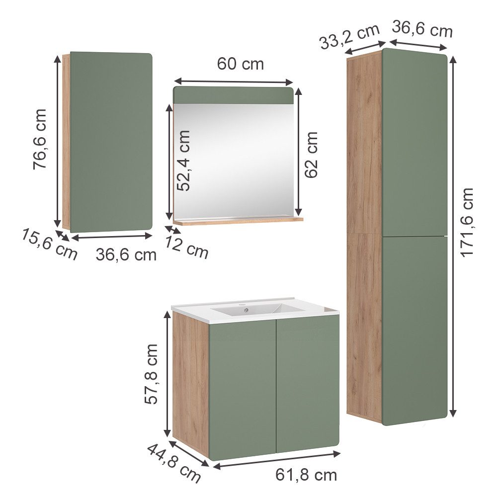 Vicco Badmöbel-Set Izan, Goldkraft Eiche/Grün, 5-teilig günstig online kaufen