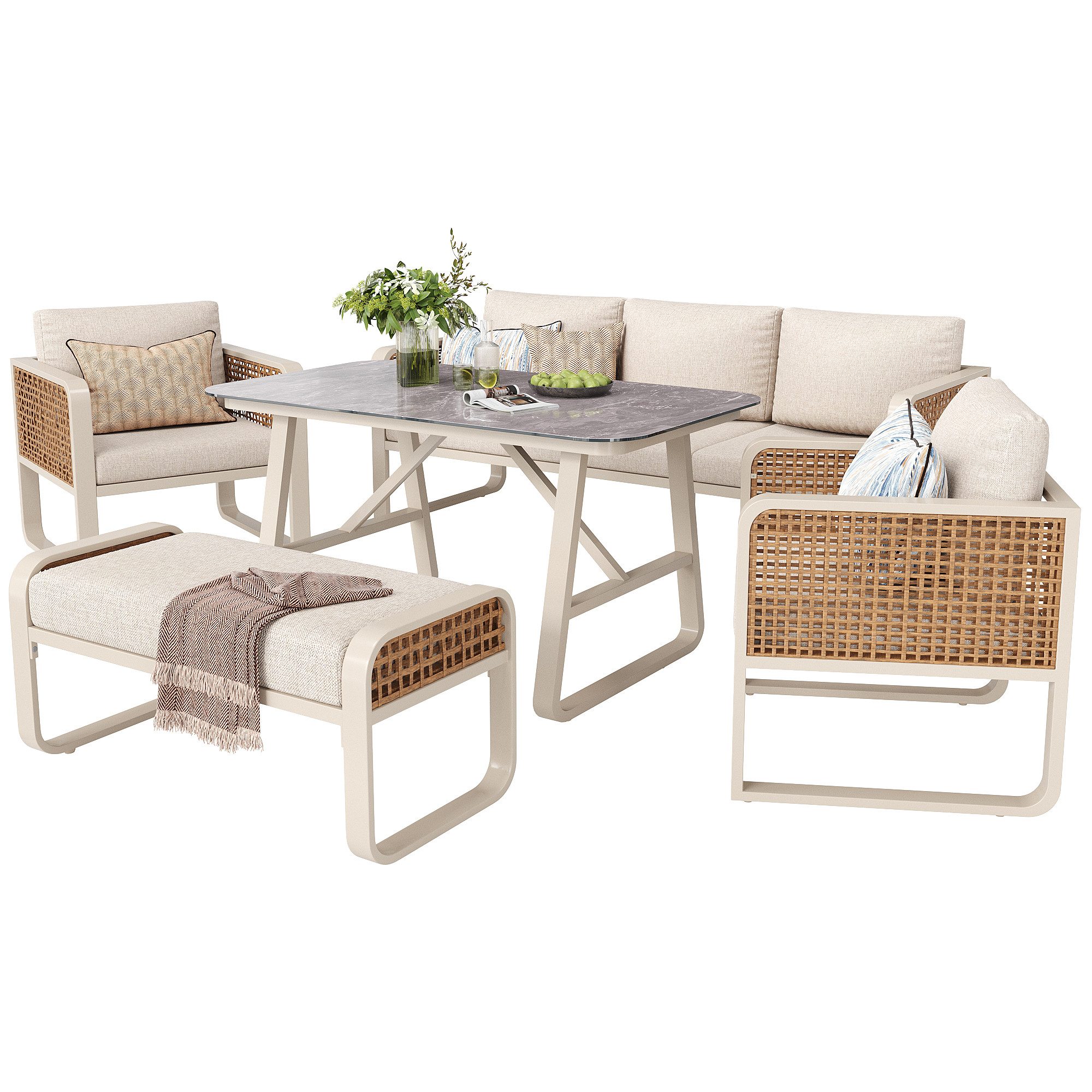 MODFU Gartenlounge-Set mit verzinktem Eisengestell, (PE-Rattan Sitzgruppe inkl. Beistelltisch, Gartensofa mit waschbaren Kissen, verstellbaren Füßen für Terrasse, Balkon, Garten, Beige, 5-tlg), mit Relaxfunktion