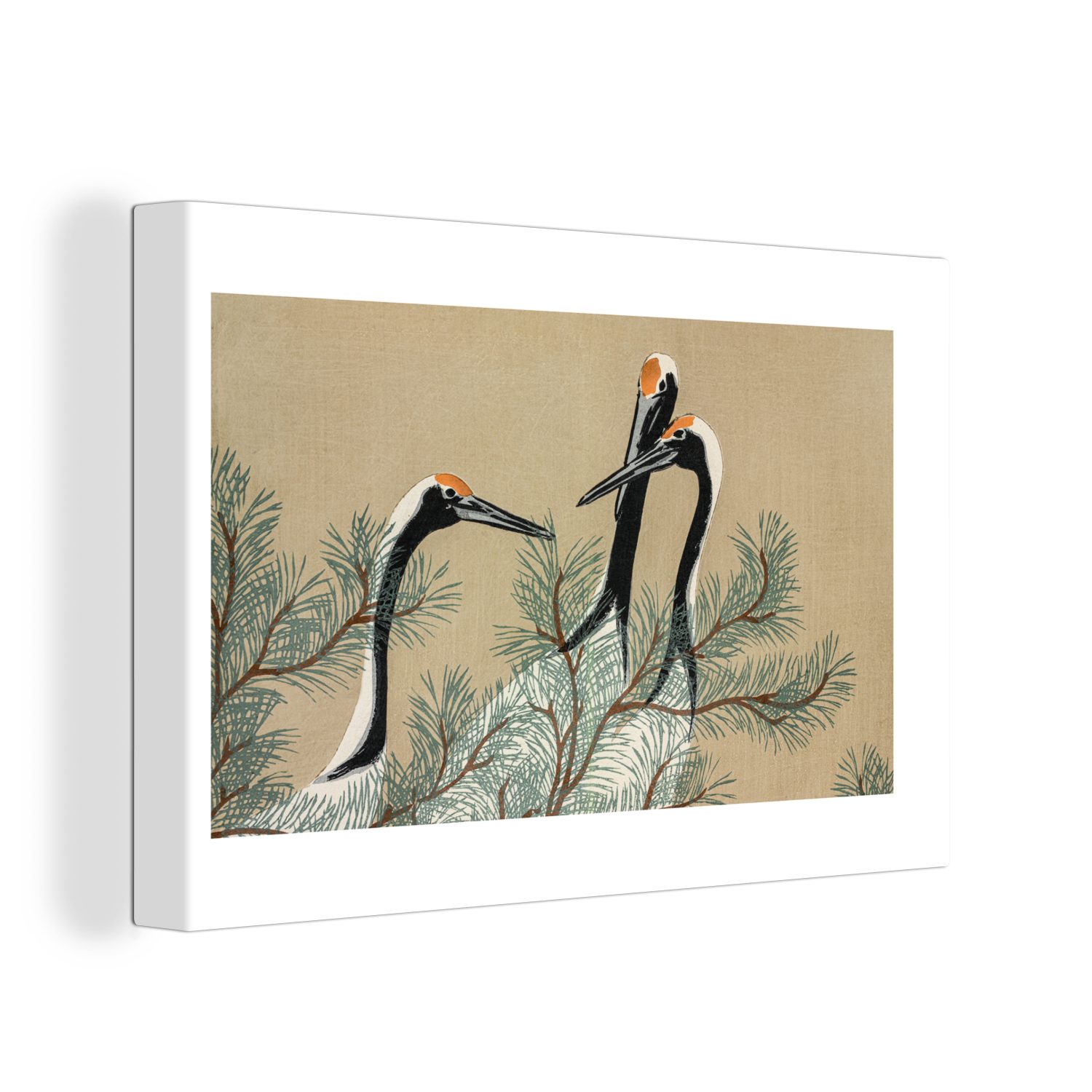 OneMillionCanvasses® Leinwandbild Kranich - Blätter - Vintage - Japanisch - Skandinavisch, (1 St), Wandbild Leinwandbilder, Aufhängefertig, Wanddeko, 30x20 cm