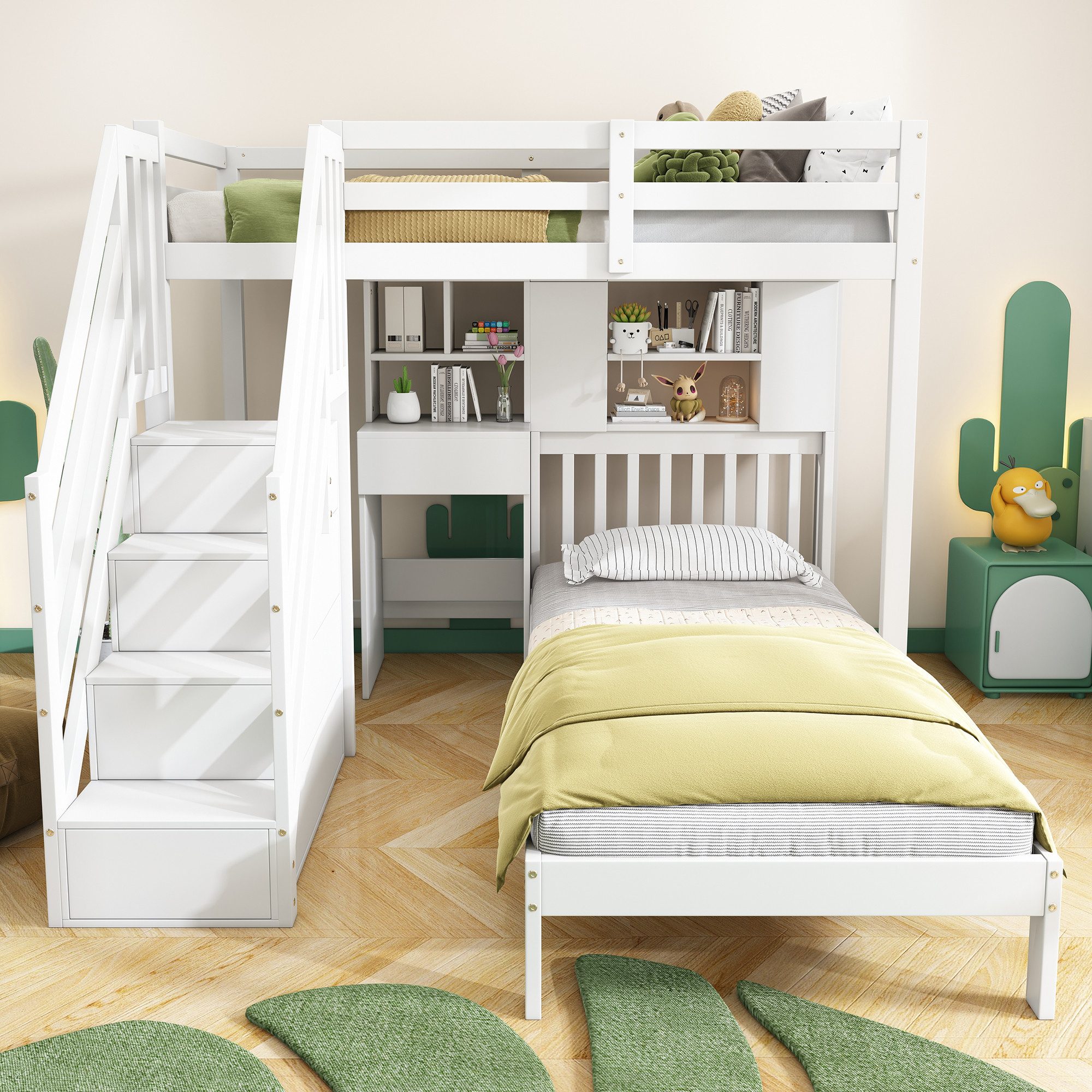 Flieks Etagenbett, Kiefernholz Kinderbett mit Schreibtisch und Treppe 90x20 günstig online kaufen