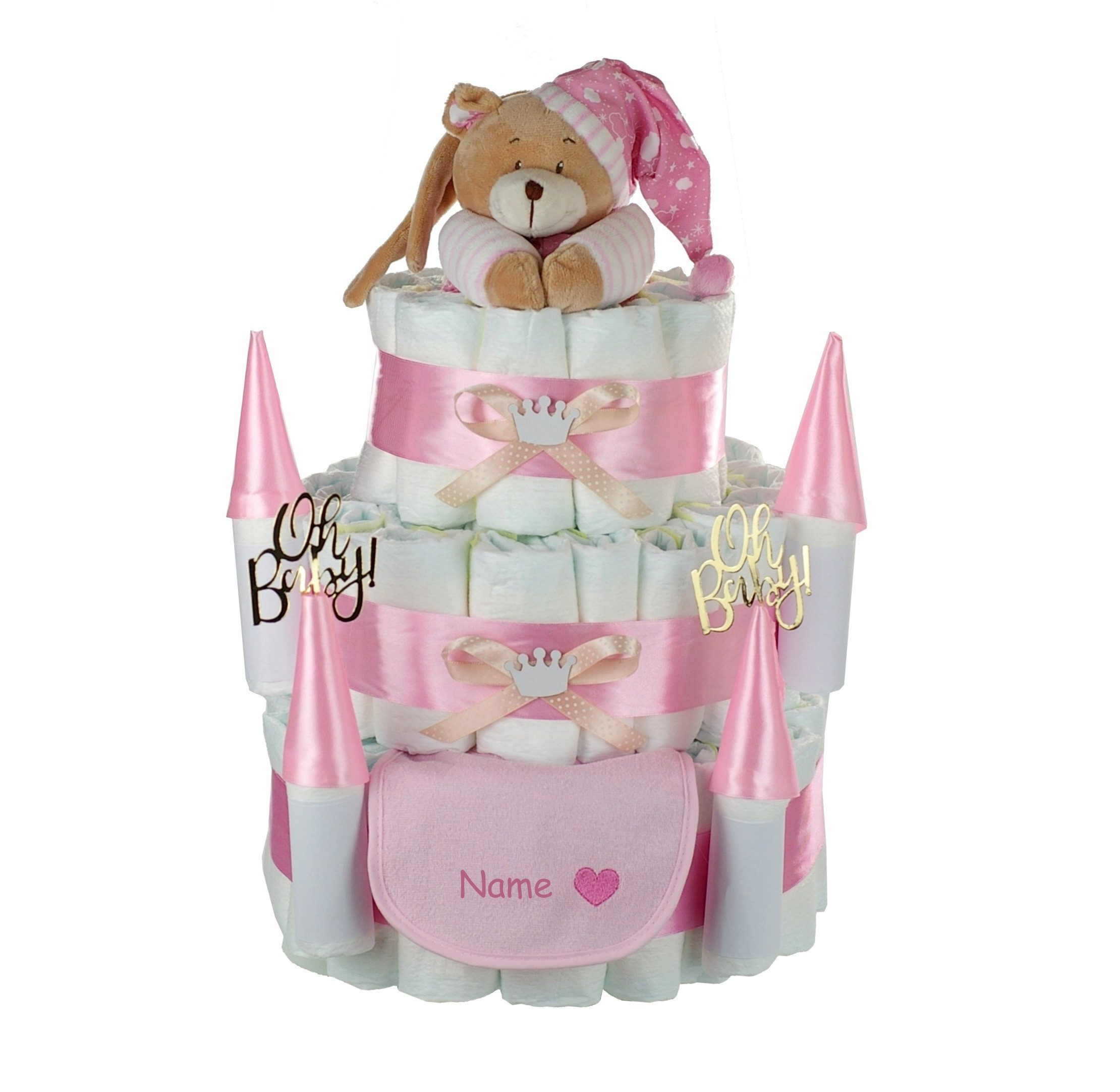 Neugeborenen-Geschenkset Große Windeltorte Windelschloss, Musikspieluhr Bär rosa