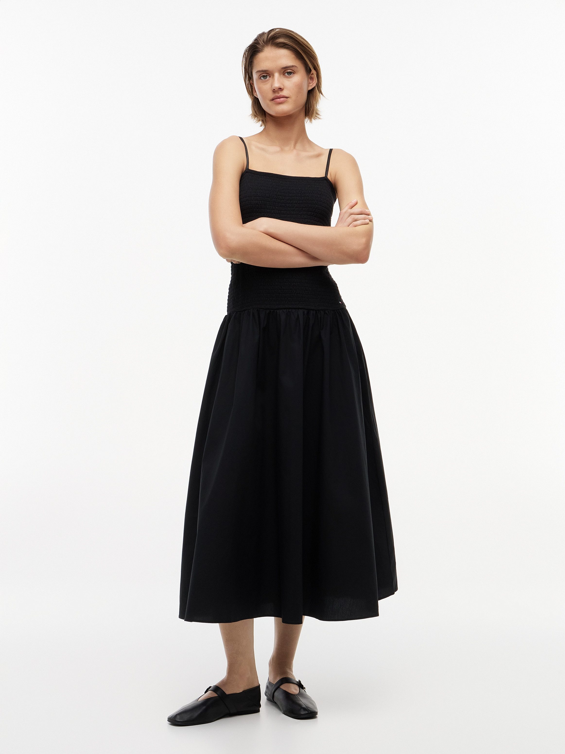 Tommy Jeans Trägerkleid TJW SMOCK FABRIC MIX MAXI DRESS Baumwolle, gesmoktes Oberteil, schmale Träger