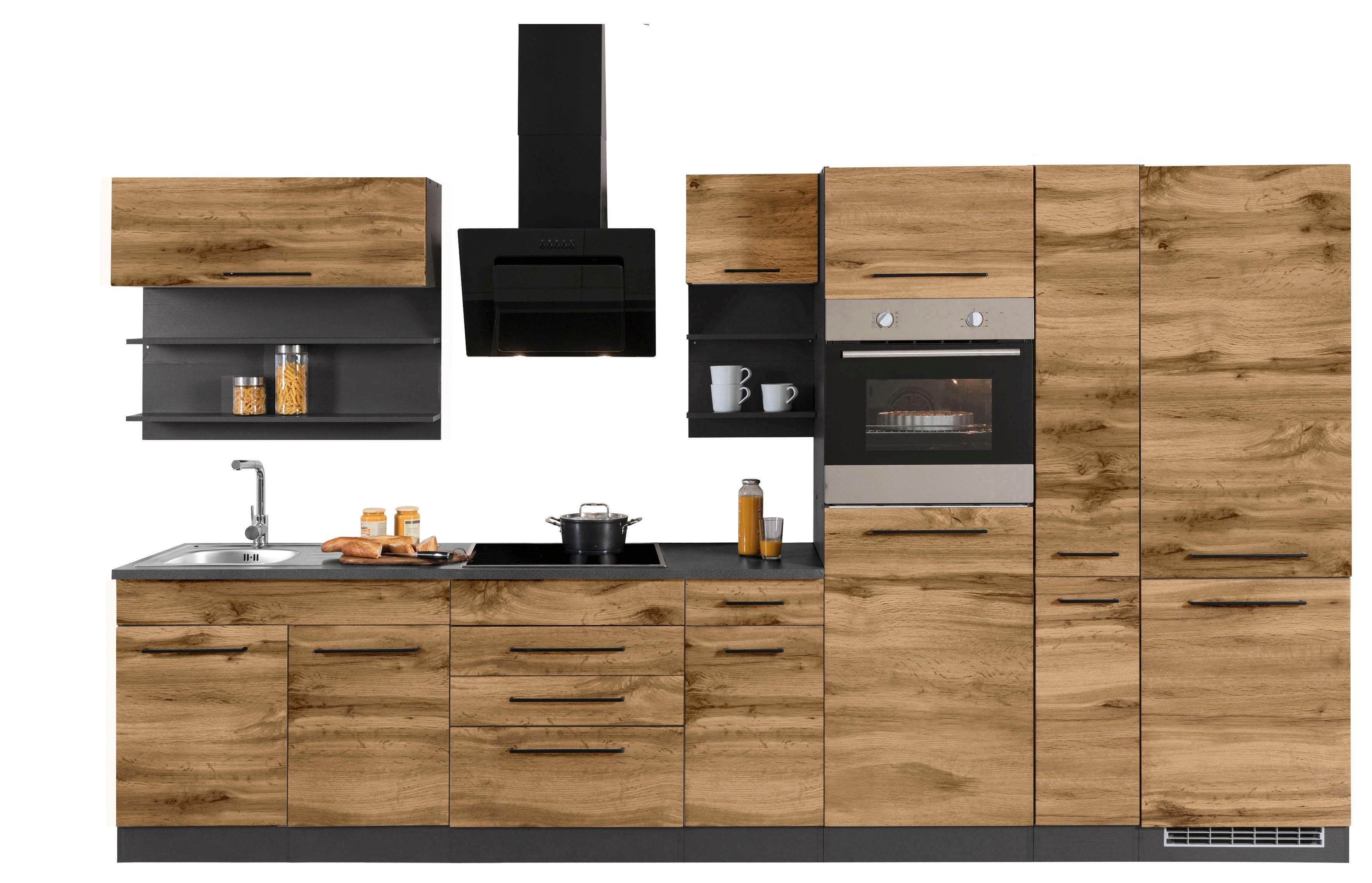 HELD MÖBEL Küchenzeile Tulsa, mit E-Geräten, Breite 360 cm, schwarze Metallgriffe, MDF Fronten beige