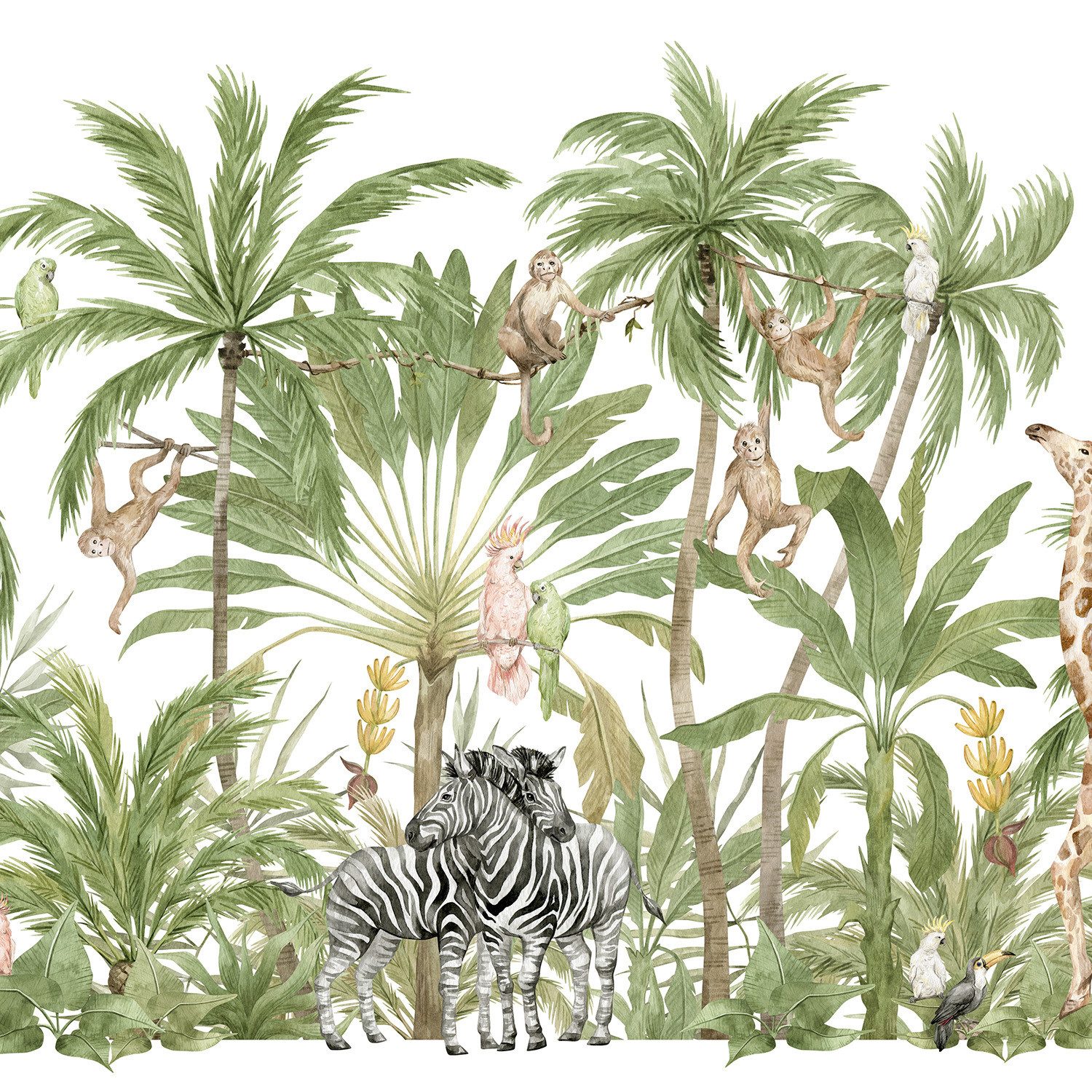Rasch Fototapete Palmen & afrikansiche Tiere wie Zebra, Giraffe & Affen - Vliestapete, bedruckt, (1 Rolle, 1 St., 2,65 m x 4,77 m), Lichtbeständige Farben - Feucht abwischbar - Restlost abziehbar