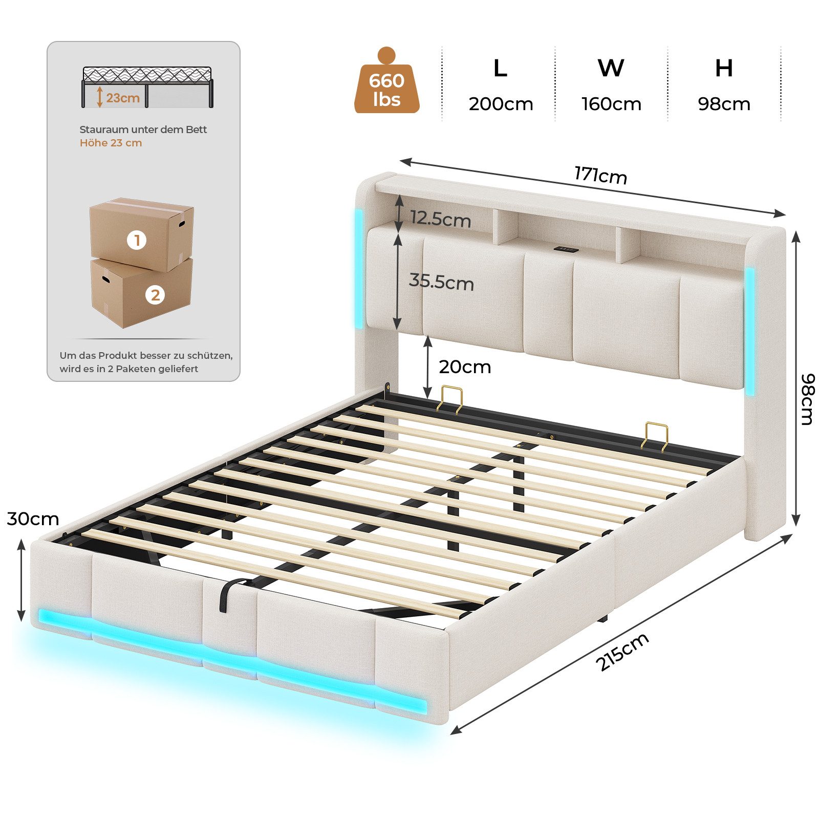 MSMASK Polsterbett mit Steckdosen & LED Beleuchtung, Stauraum und Kopfteil – Bild 2 von 5