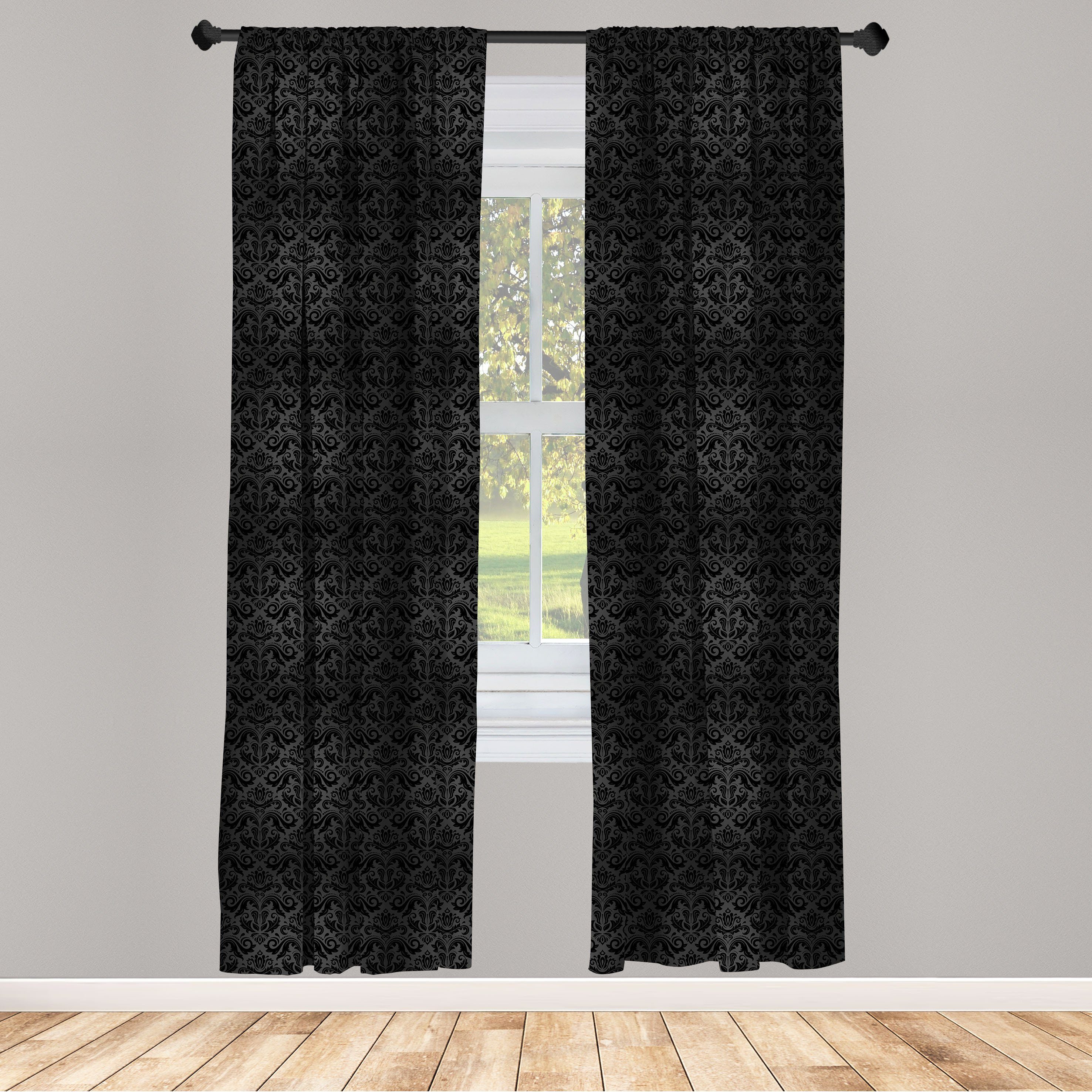 Gardine Vorhang für Wohnzimmer Schlafzimmer Dekor, Abakuhaus, Microfaser, Dunkelgrau Schwarze Damast-Blumen