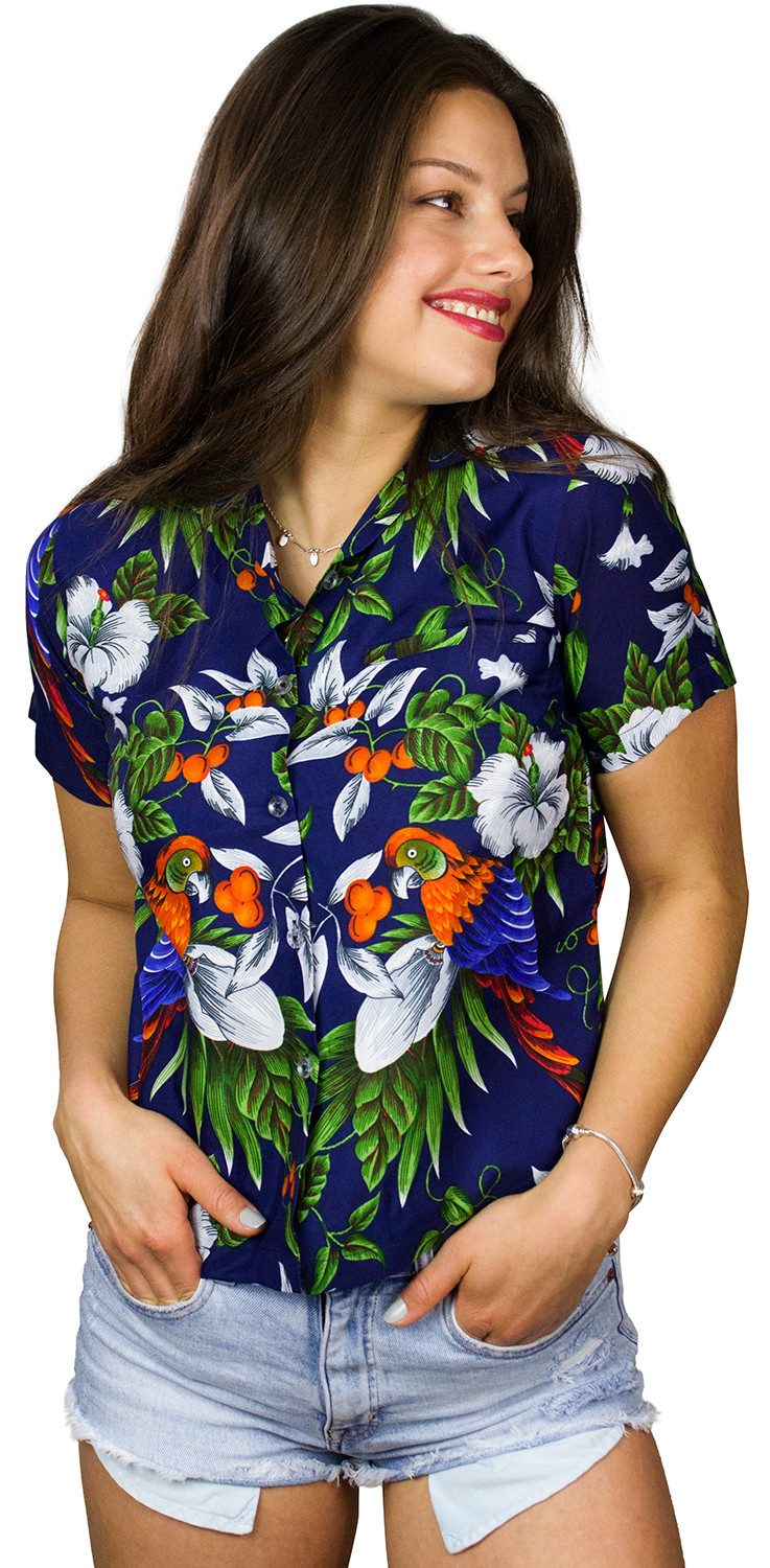 King Kameha Hawaiihemd Cherryparrot Funky Hawaiibluse Damen Kurzarm Front-Tasche Stylish