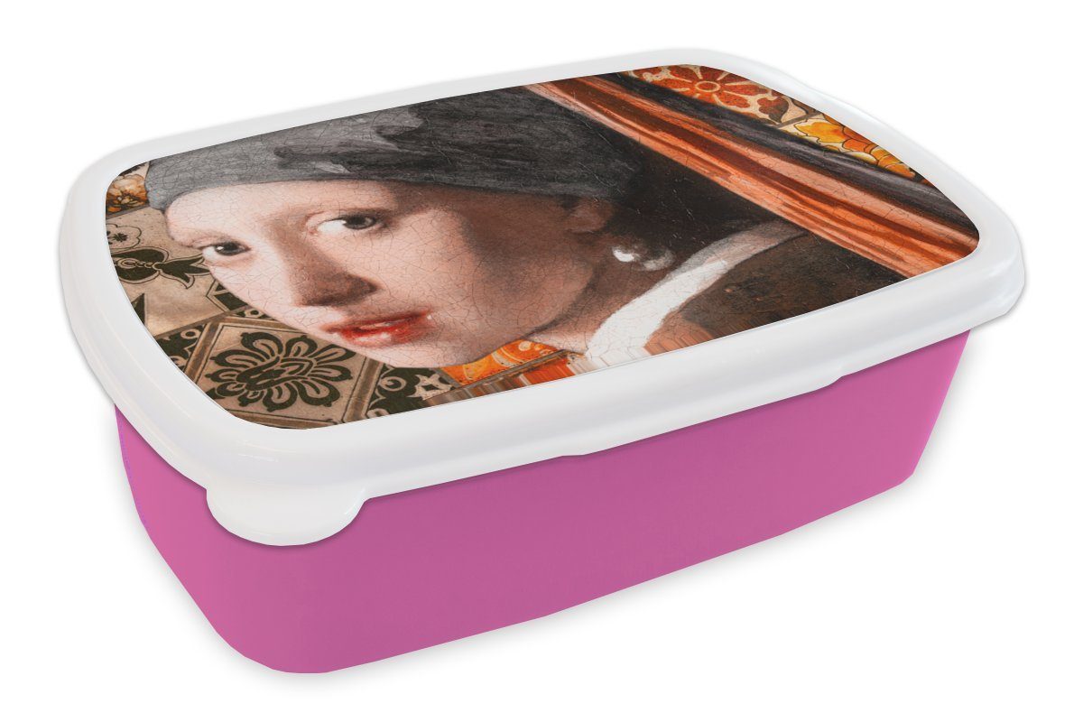 (2-tlg), Perlenohrring Kunststoff, Vermeer rosa Erwachsene, Mädchen Kunststoff - Brotdose Brotbox dem Lunchbox Kinder, - Das mit Snackbox, MuchoWow Collage, Mädchen, für