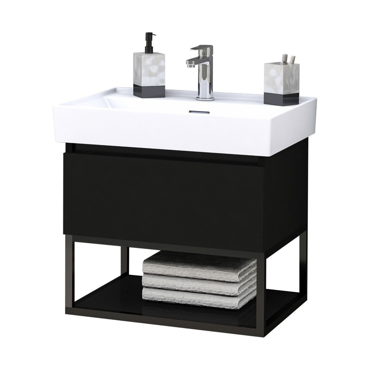 Belvit Waschtisch Set SOVENA, mit Unterschrank & Keramik Waschbecken, 60/80/100 cm breit (2-St), Mattschwarzes Metallgestell, Aufsatz oder Wandmontage