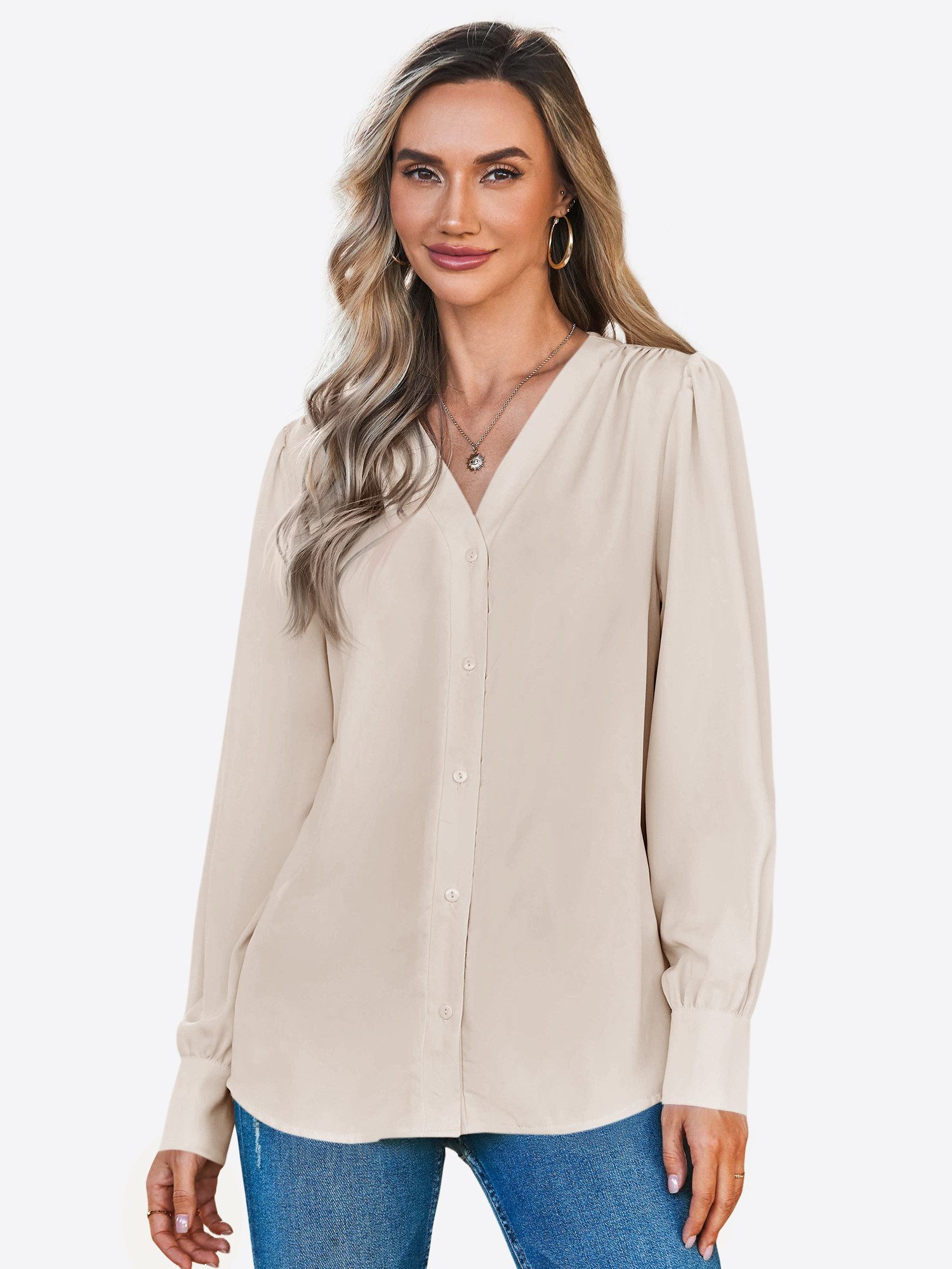 Imily Bela Blusenshirt Damen Lässiges Langarmshirt mit Knopfleiste (Packung, 1-tlg., 1per-Pack) Freizeit, V-Ausschnitt