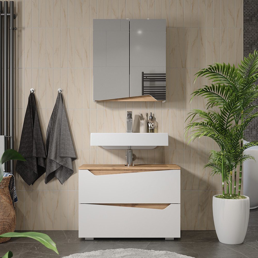 Vicco Badezimmerspiegelschrank Marelle, Weiß/Artisan, 60 x 67 cm mit höhenverstellbarem Einlegeb... (1-St)
