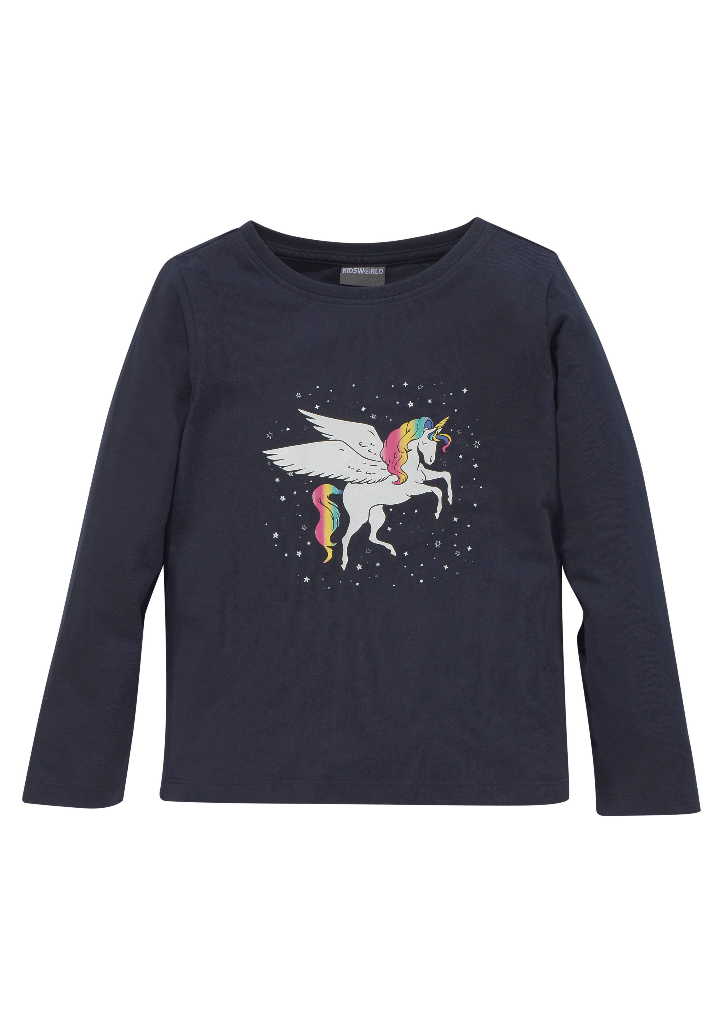 KIDSWORLD Langarmshirt mit süßem Einhorn Druck langärmlig, hüftlange Passform, stylischer Druck. Reduzierter Preis € 12,99. Unverbindliche Preisempfehlung € 14,99, (€ 12,99 pro 1 Stk)