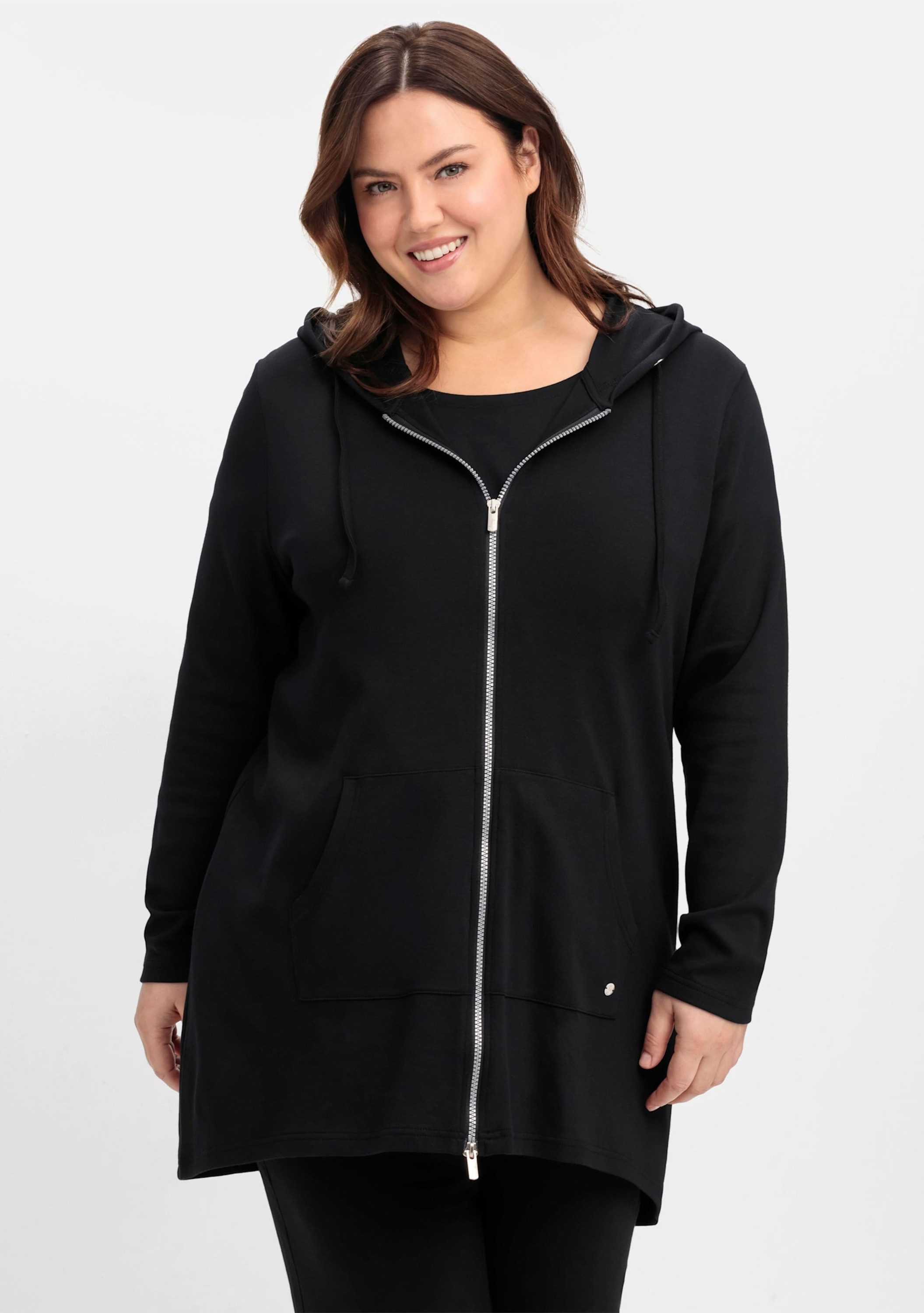 Sheego T-Shirt Sweatjacke Langarm in Longform, aus weicher Interlockqualität – Bild 3 von 5