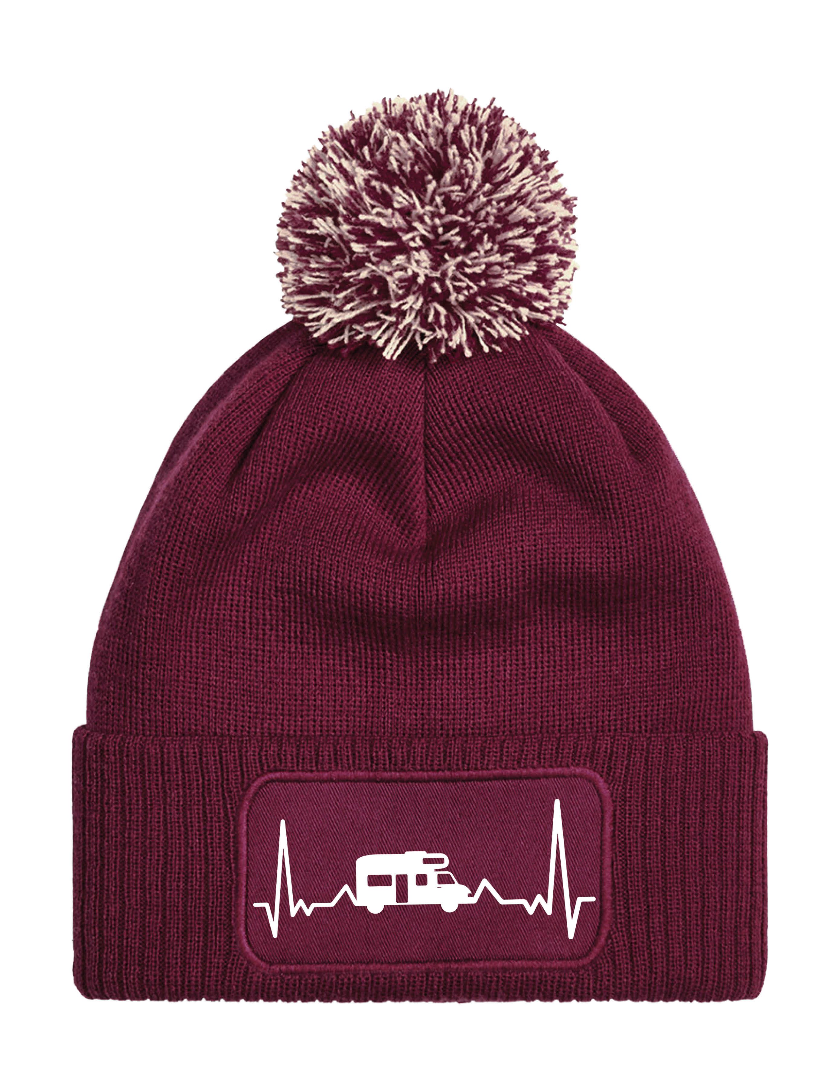 Beanie Unisex Strick Bommel Beanie Mütze mit HeartBeat Camping Aufdruck