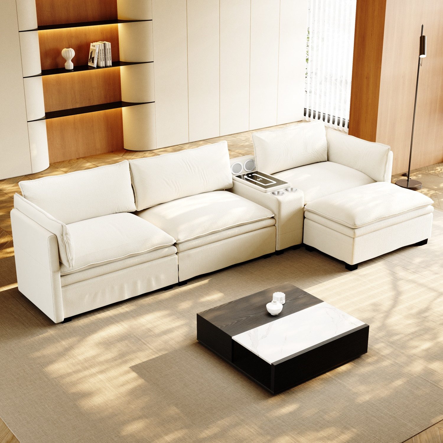 ANYSUN Sofa Modulares Sofa 315 cm breit -Chenille Cloud Couch L-Form, Multifunktionssofa mit Aufbewahrung, Ottoman, drahtloses Laden, Lautsprecher, Couches für Wohnzimmer, Büro,Mit Chaiselongue