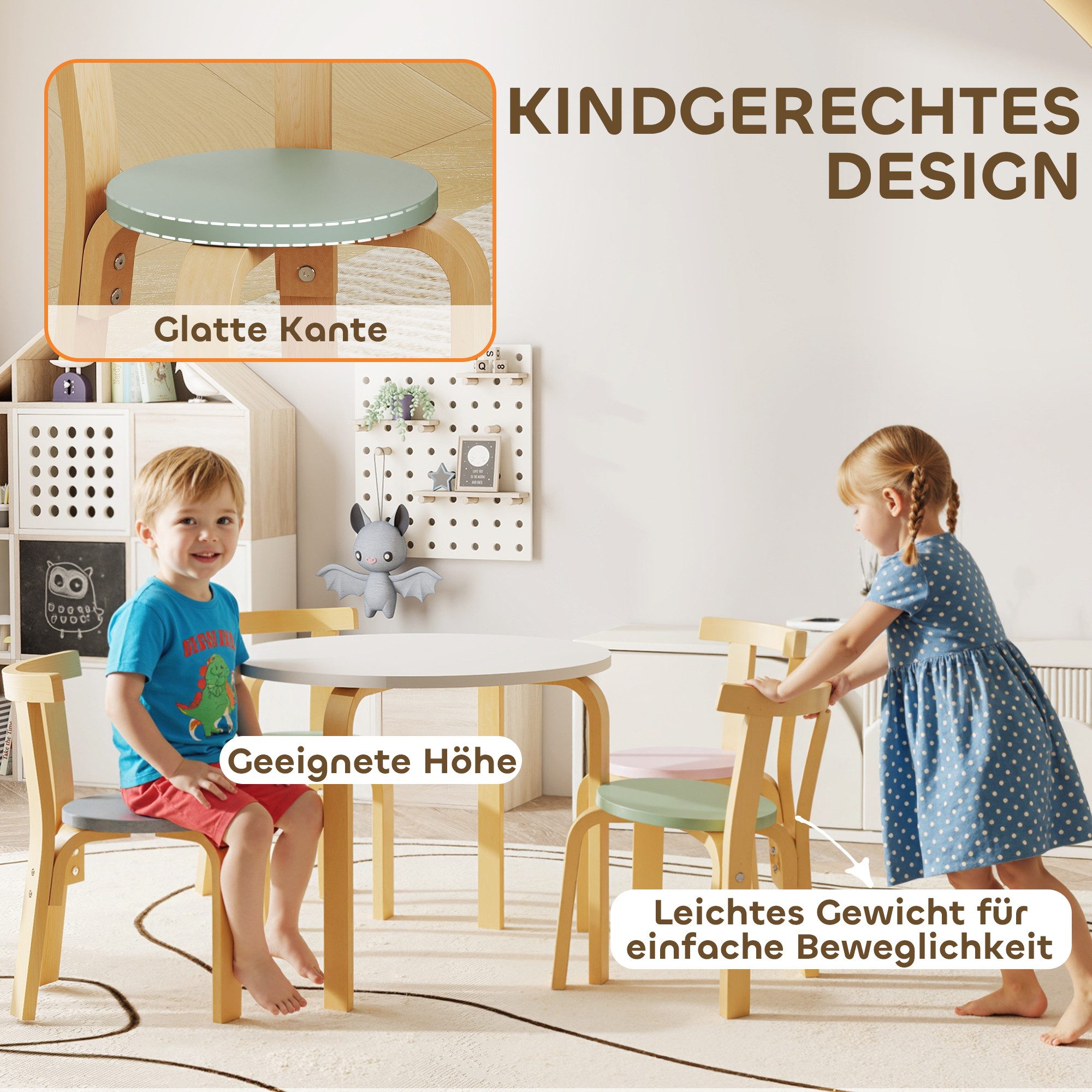 AIYAPLAY Children's Seating Set, Weight Capacity up to 80 kg, (Children's Furniture, 5-piece, 5-piece Set with Table and Chairs), for Children 3-8 Years Old, Multicolor