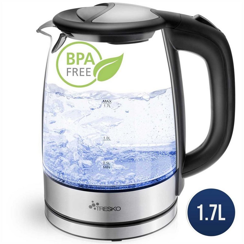 Grafner® Glaswasserkocher Wasserkocher Edelstahl 1,7L LED Beleuchtung BPA frei 