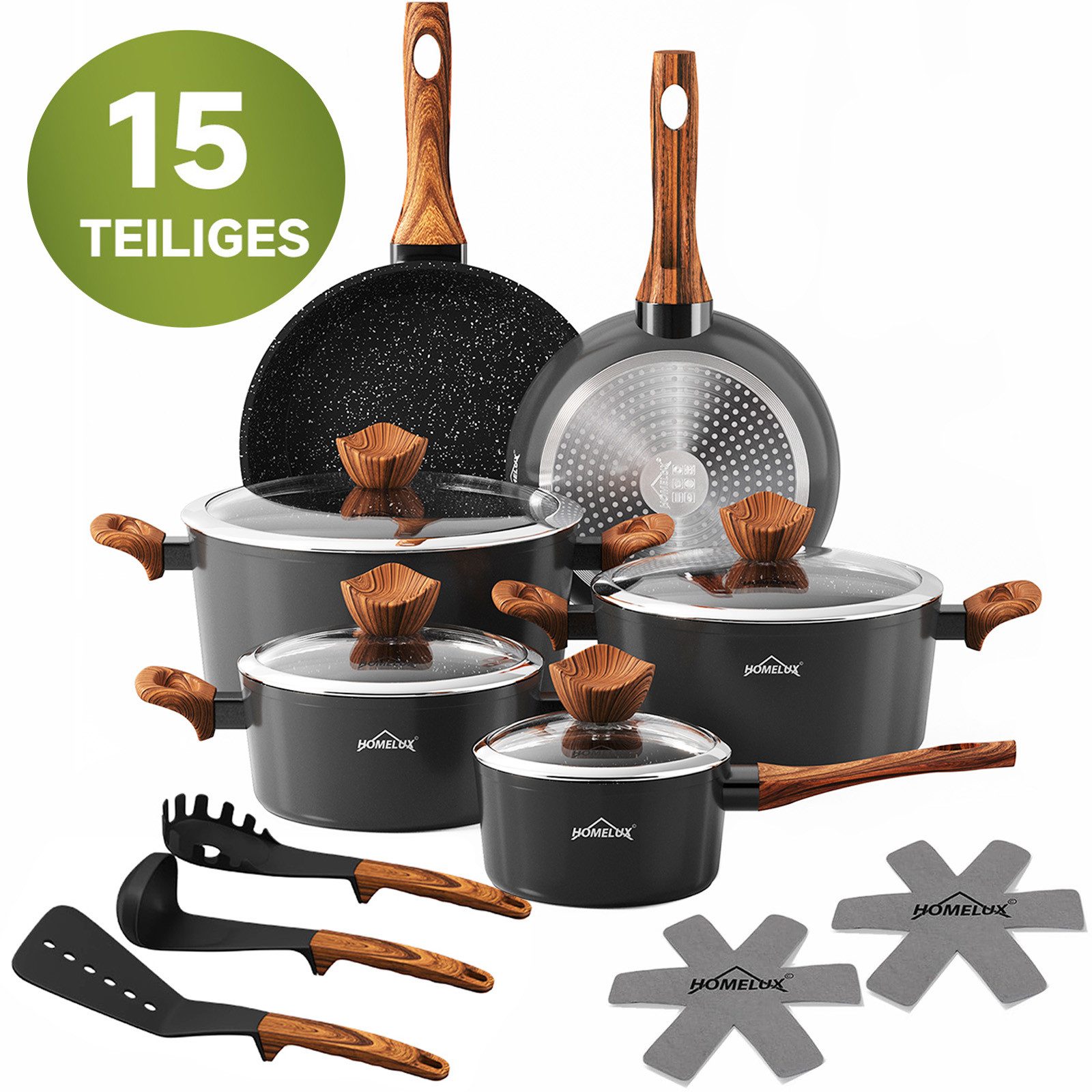 HOMELUX Topf-Set 15tlg Induktions Töpfe Set, Aluminiumguss Kochtopfset mit Deckel, Aluminium, Aluminiumguss (Set, 15-tlg., 3xKochtopf,1xSoßentopf,2xBratpfanne,4xGlasdeckel,5xZubehör), induktionsgeeignet