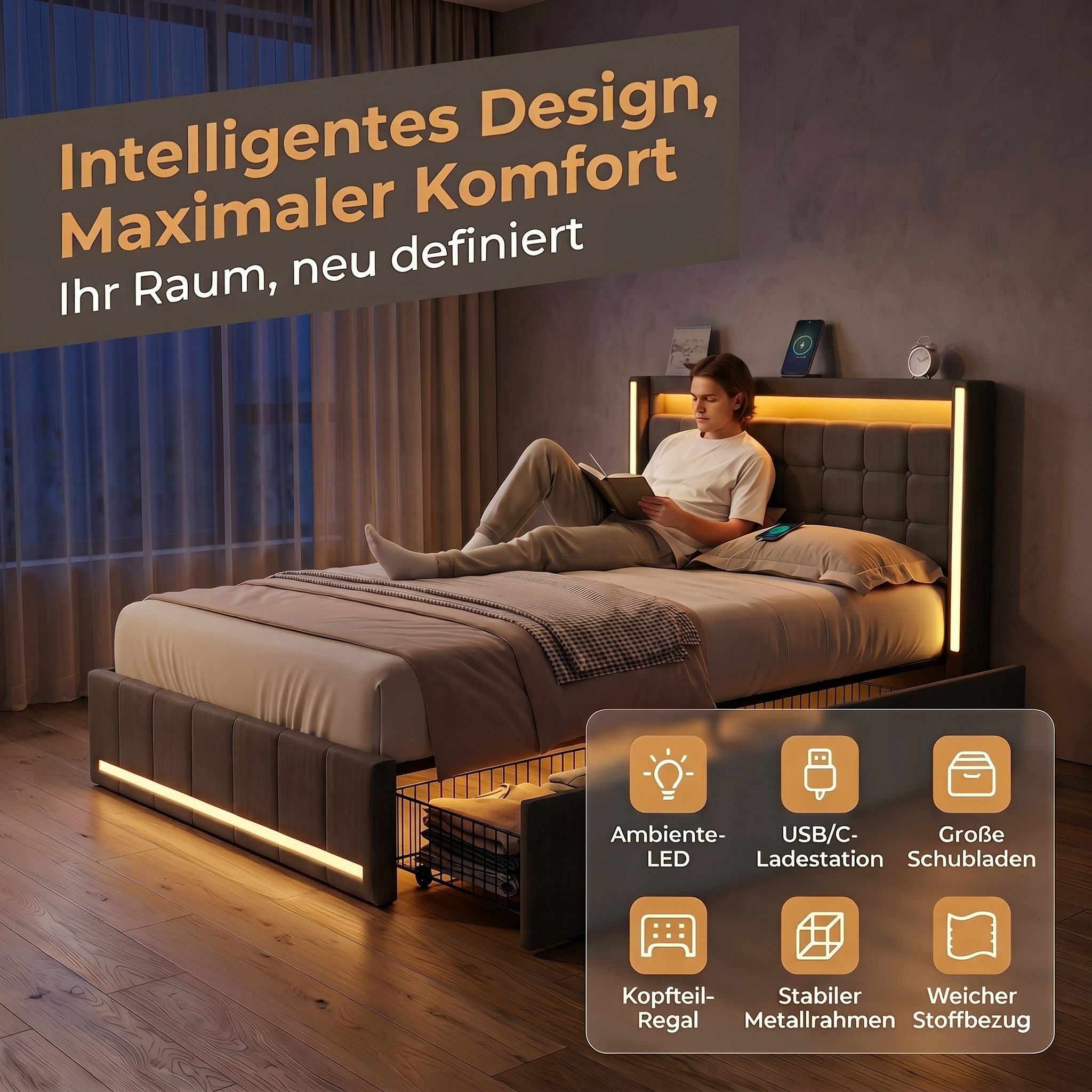 PXloue Polsterbett LED Doppelbett Stauraumbett, mit USB-Laden und Stauraum am Kopfteil,Leinen,90x200 cm