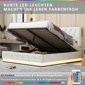 WISHDOR Polsterbett Polsterbett Doppelbett Erwachsenen Jugendbett (mit LED Beleuchtung & Hydraulisch anhebbarer Bettstauraum,Bettkasten & Lattenrost Bezug, 140x200 cm), ohne Matratze