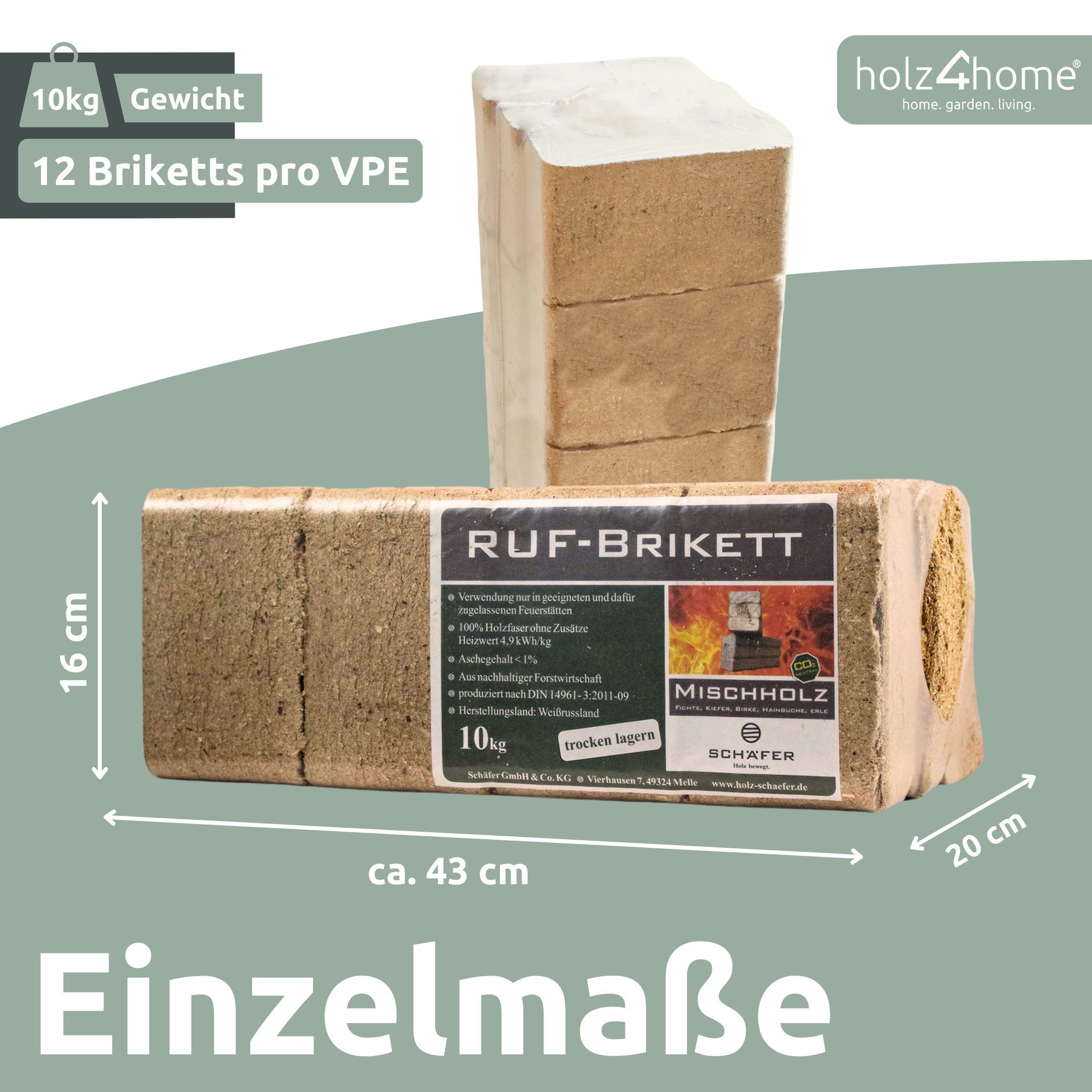 holz4home® Holzbriketts RUF Briketts Mischholz Kaminbriketts Gepresst Ofenbriketts, 10 kg