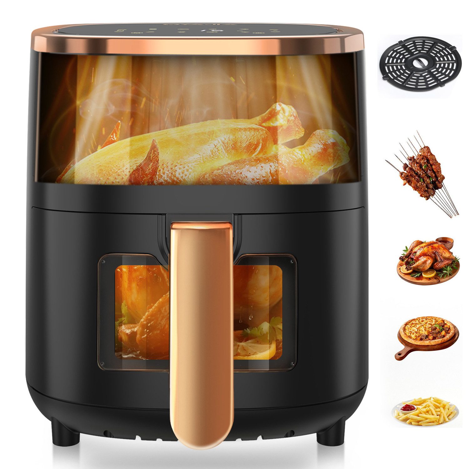 Heißluftfritteuse 5L Heißluftfritteuse mit 2 Sichtfenstern, Airfryer XL, 8 Automatikprogramme, max 200°C, 60 Min Timer, spülmaschinenfest, Fritteuse ohne Öl, TouchScreen, Grillen, Backen, Braten etc