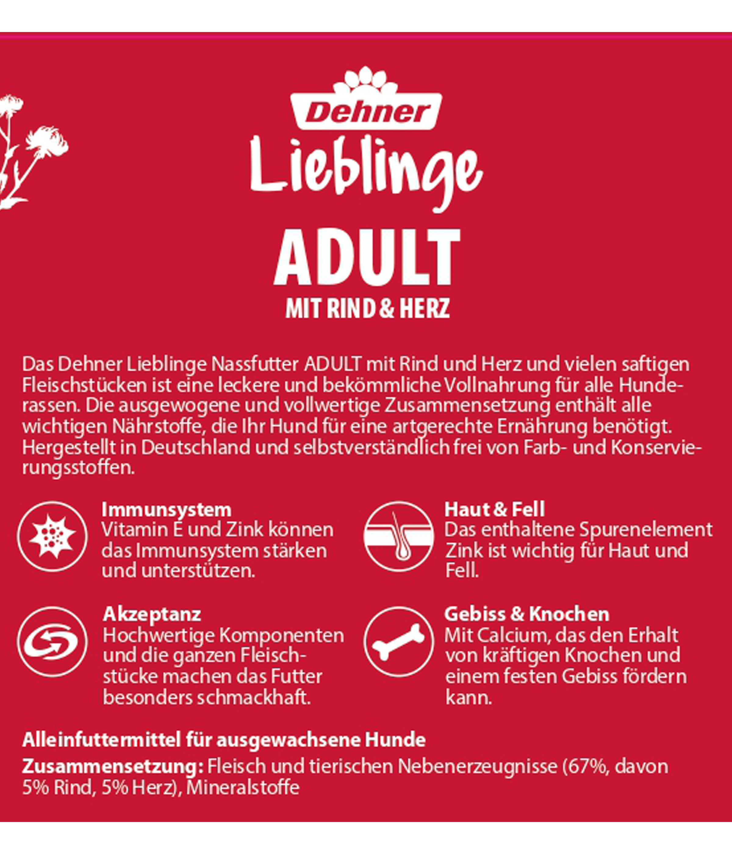 Dehner Lieblinge Adult Rind / Herz, 6 x 800 g Dose, getreidefrei / zuckerfrei Rind, Nassfutter für: Hunde, Nassfutter für ausgewachsene Hunde