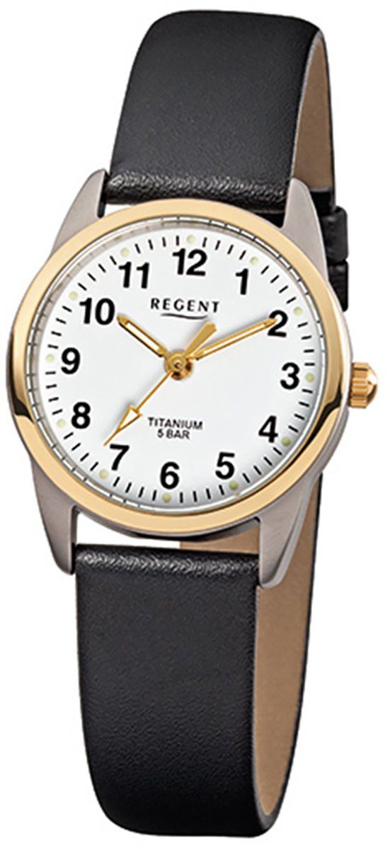 Regent Quarzuhr Regent Damen-Armbanduhr schwarz Analog, Damen Armbanduhr  rund, klein (ca. 26mm), Lederarmband, Leuchtzeiger