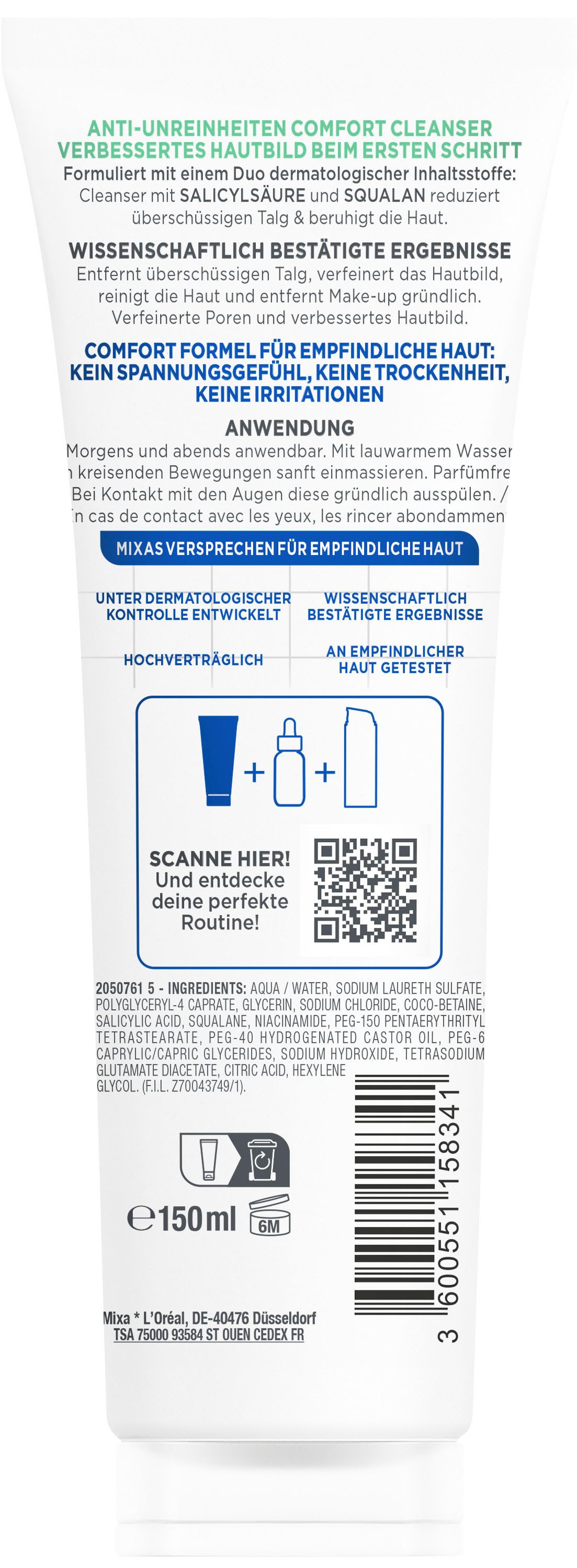 Mixa Gesichtsreinigungsgel MIXA ANTI-UNREINHEITEN COMFORT CLEANSER, entfernt überschüssigen Talg, sanfte Reinigung