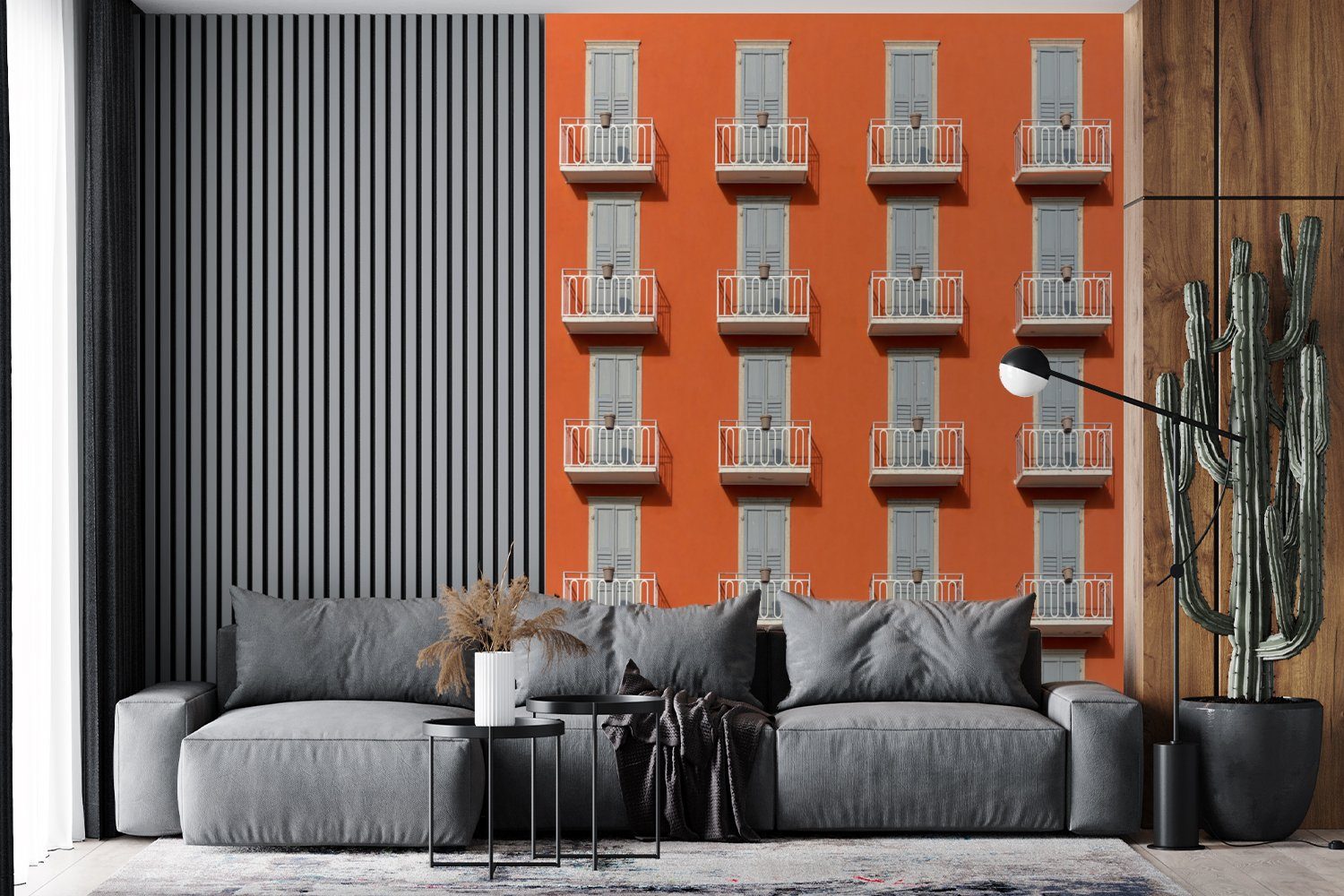 MuchoWow Fototapete Tür - Balkon Orange, Montagefertig - Palme Wandtapete - bedruckt, für (4 Matt, Tapete St), Wohnzimmer, Architektur Vinyl 
