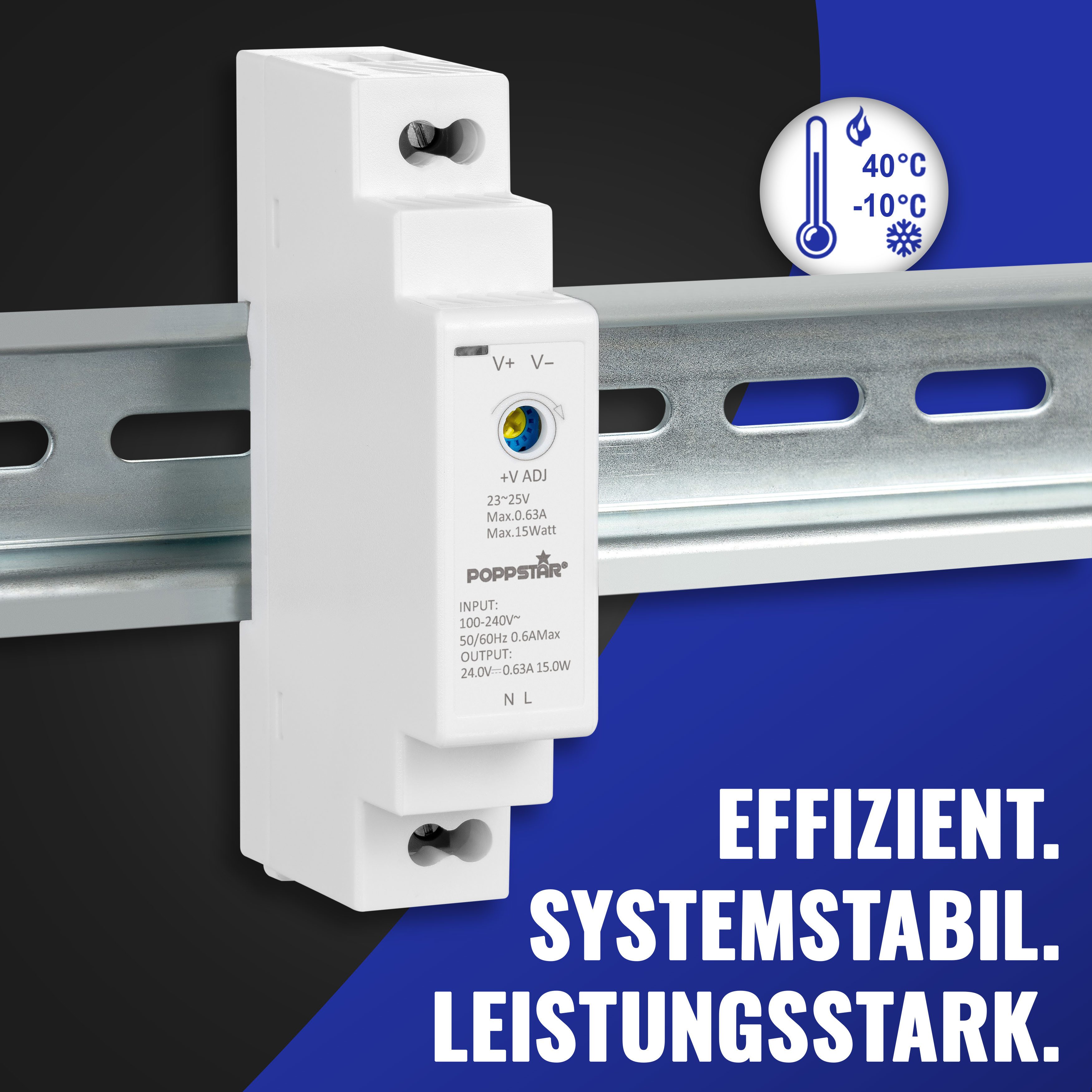 Poppstar DIN Rail Netzteil 24V 15 Watt Hutschienen-Netzteil (Klingeltrafo mit Input 100-240V AC, Output 24 V DC 0,63 A 15W)