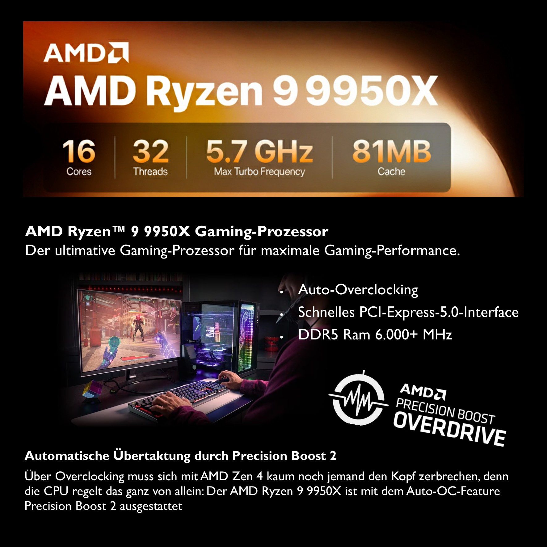 Meinpc AMD Ryzen 9 9950X mit RTX 5080 16GB Gaming-PC (AMD Ryzen 9 9950X, RTX 5080, 64 GB RAM, 1000 GB SSD, Wasserkühlung, RGB - Gamer - Gaming)
