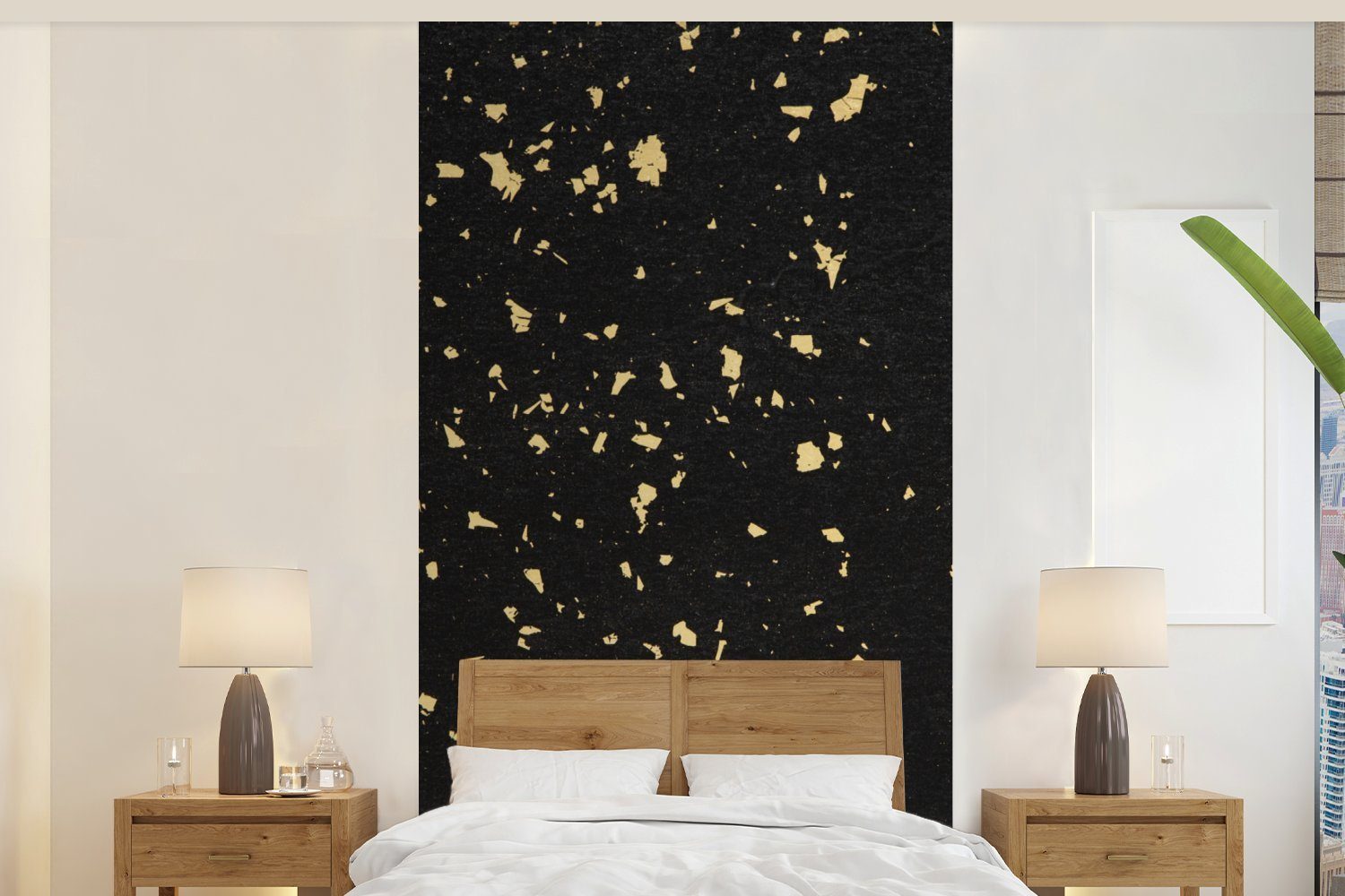 MuchoWow Fototapete Goldene Flocken auf schwarzem Hintergrund, Matt, bedruckt, (2 St), Vliestapete für Wohnzimmer Schlafzimmer Küche, Fototapete