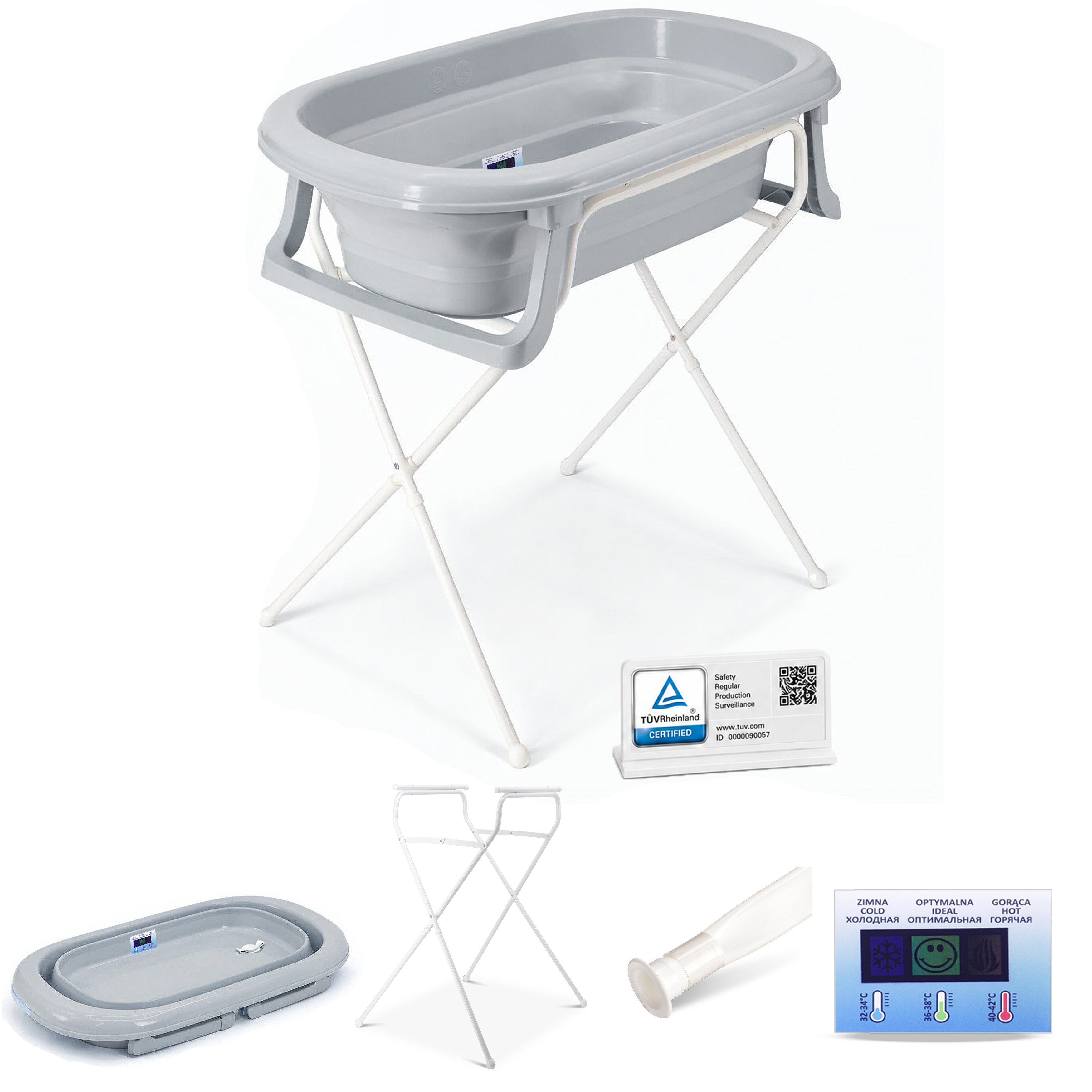 Babykajo Babybadewanne TÜV geprüft, (Set, 4-tlg), Babywanne faltbar mit Ständer, Abflussschlauch und Thermometer