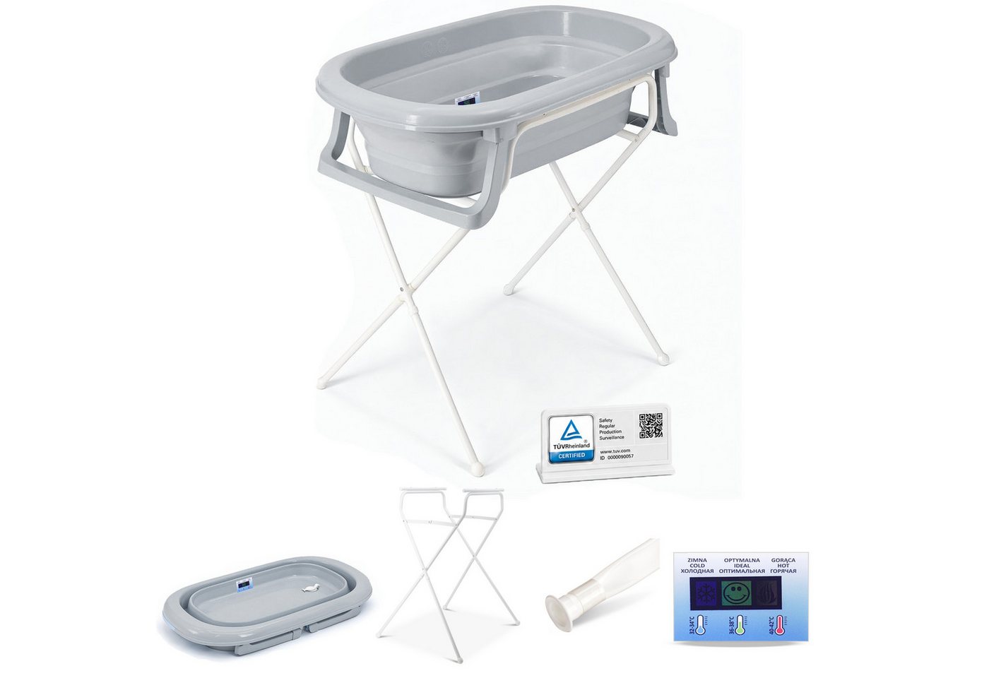Babykajo Babybadewanne TÜV geprüft, (Set, 4-tlg), Babywanne faltbar mit Ständer, Abflussschlauch und Thermometer