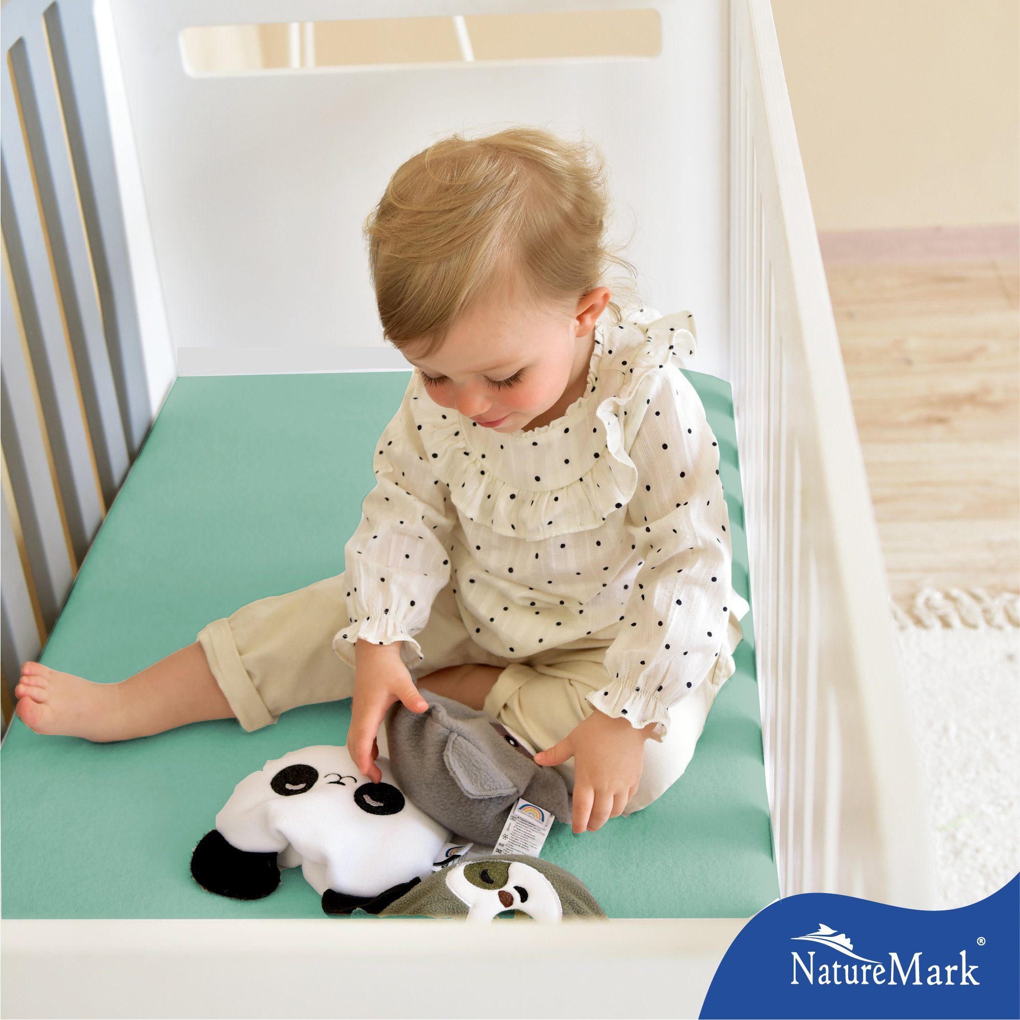 NatureMark Spannbettlaken Jersey Spannbetttuch, 100% Baumwolle, Gummizug: rundum, (2 Stück), Kinder Spannbetttuch, für Baby-/Kinderbett, 70x140 cm, Jade – Bild 4 von 4