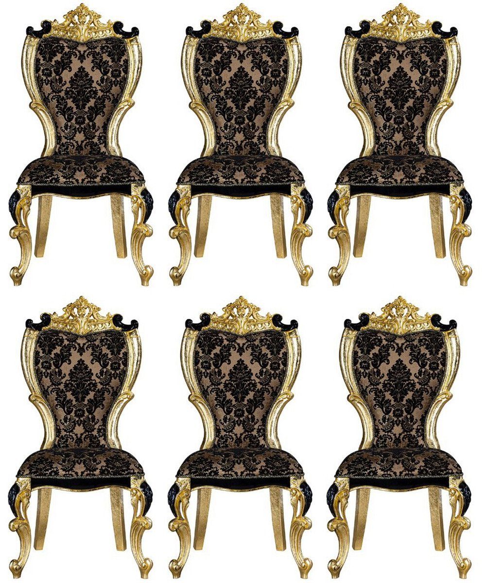 Casa Padrino Esszimmerstuhl Luxus Barock Esszimmer Stuhl Set mit elegantem Muster Braun / Schwarz / Gold 60 x 65 x H. 120 cm - Küchen Stühle 6er Set im Barockstil - Barock Esszimmer Möbel