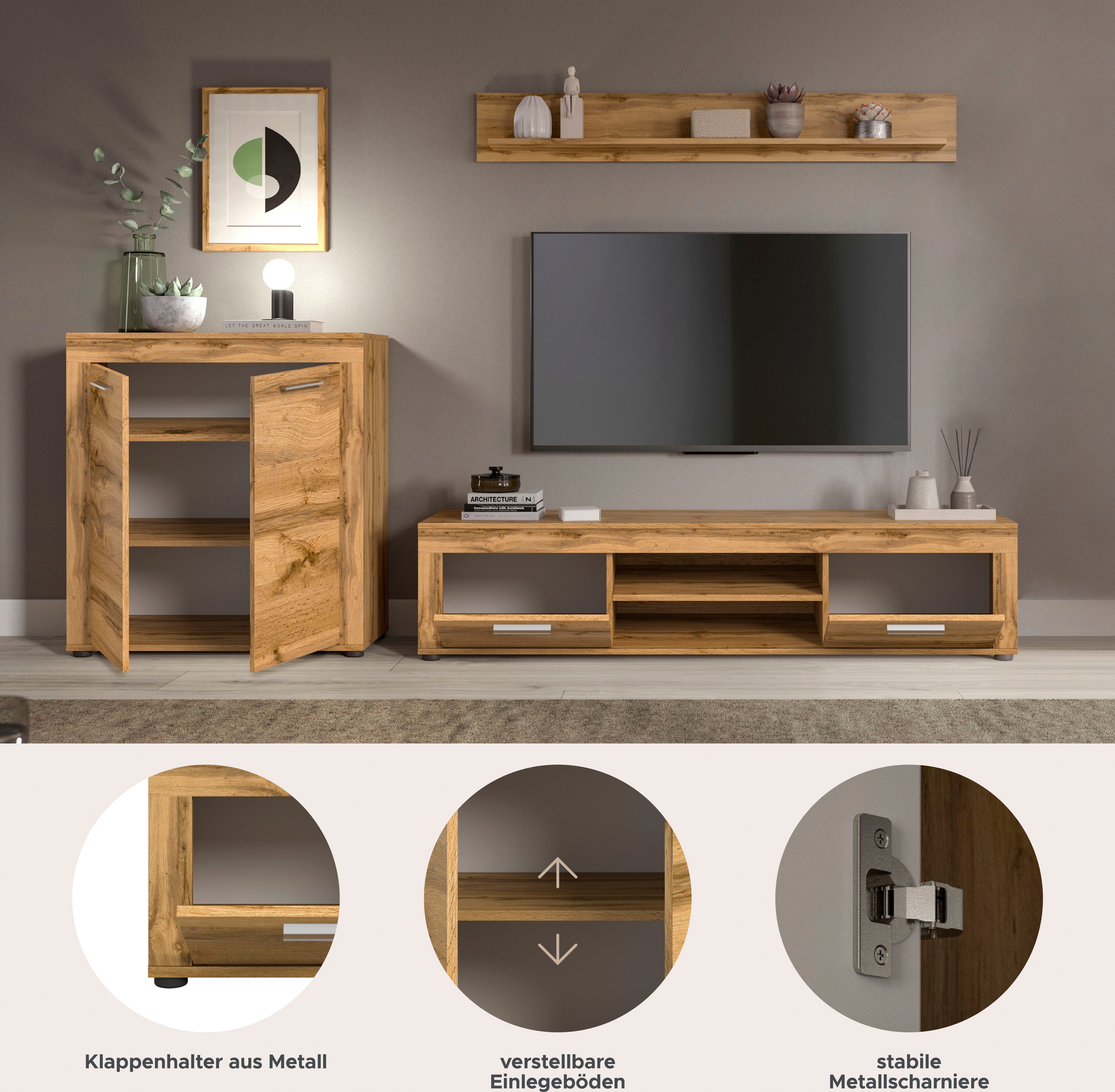 OTTO home Wohnwand AOSTA, Breite 255cm, 3-teilige Wohn-Kombination, (3-St., bestehend aus: Highboard, Lowboard, Wandboard), Wohnwand, Kombination, Anbauwand, Mö – Bild 4 von 5