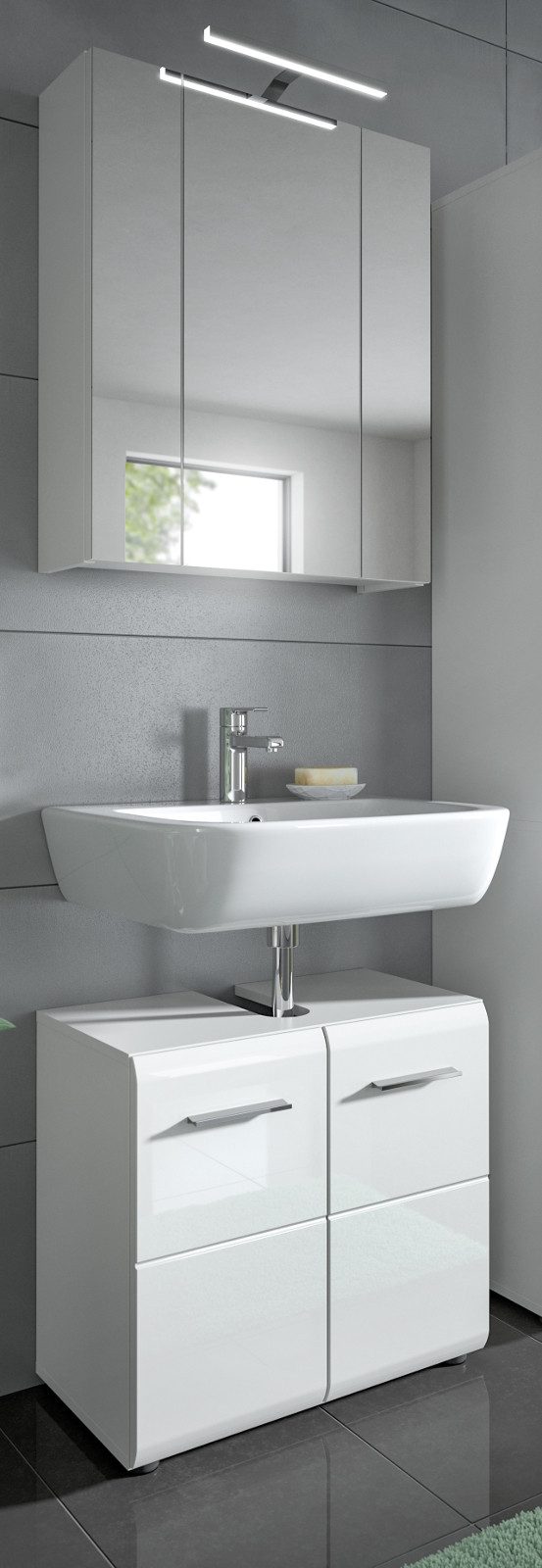 Inn.Furn Badmöbel-Set Cover, (Set Spiegelschrank und Waschbeckenunterschrank, weiß Hochglanz, Breite 60 cm), mit 3-türigem Spiegelschrank