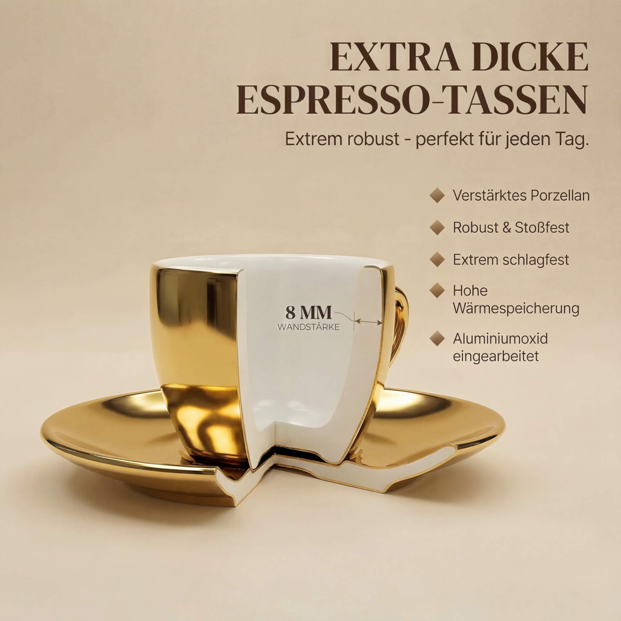 MUVELL Espressotasse 6x Espresso & Untertassen Set 0,8 cm dickwandig, goldfarben, 6-tlg., Keramik, 60 ml stoßfest und robust