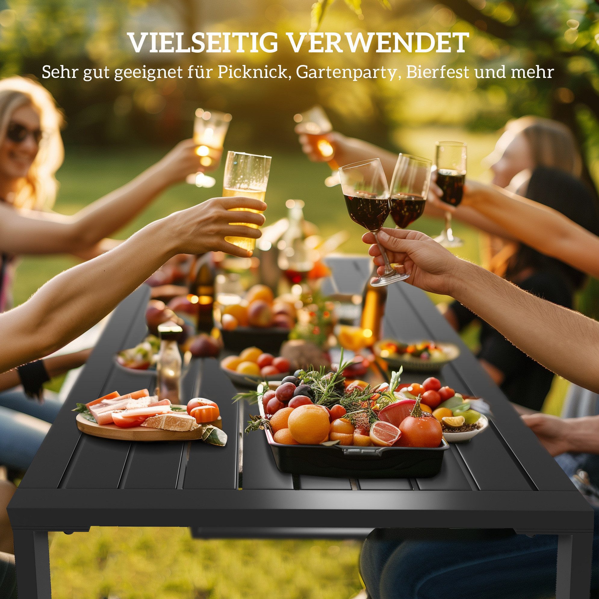 OKWISH Sitzgruppe 3‑tlg. Outdoor-Möbelset in Schwarz aus Metall mit Tisch & 2 Sitzbänken, (Set, 3-tlg., Festgarnitur & Sitzgruppe für Terrasse, Hof & Balkon), 110 x 55 x 70 cm, für Mahlzeiten oder gesellige Stunden im Freien